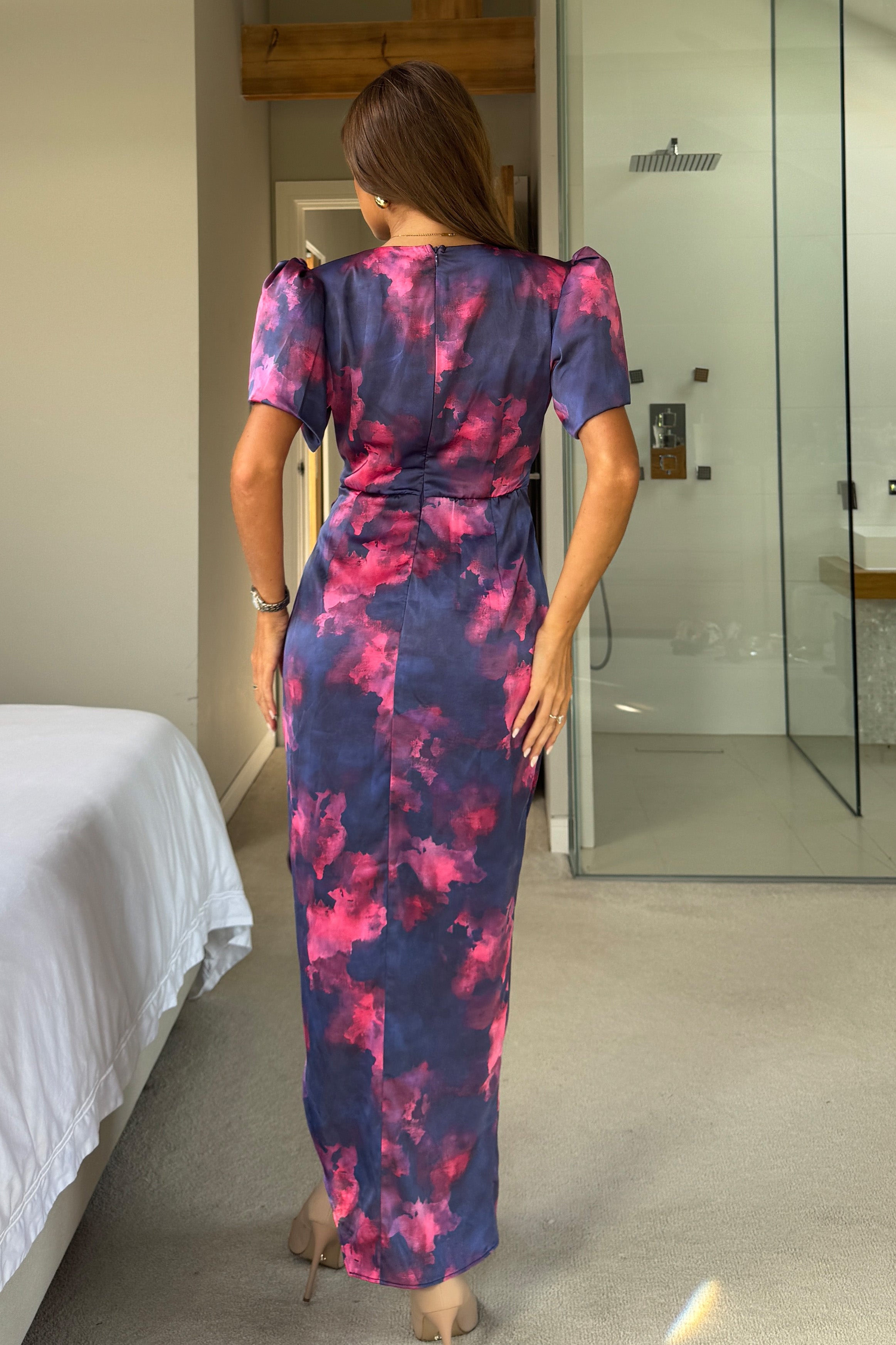 Drew Puff Sleeve Wrap Front Midi Dress Blue Marble *NEW FIT*