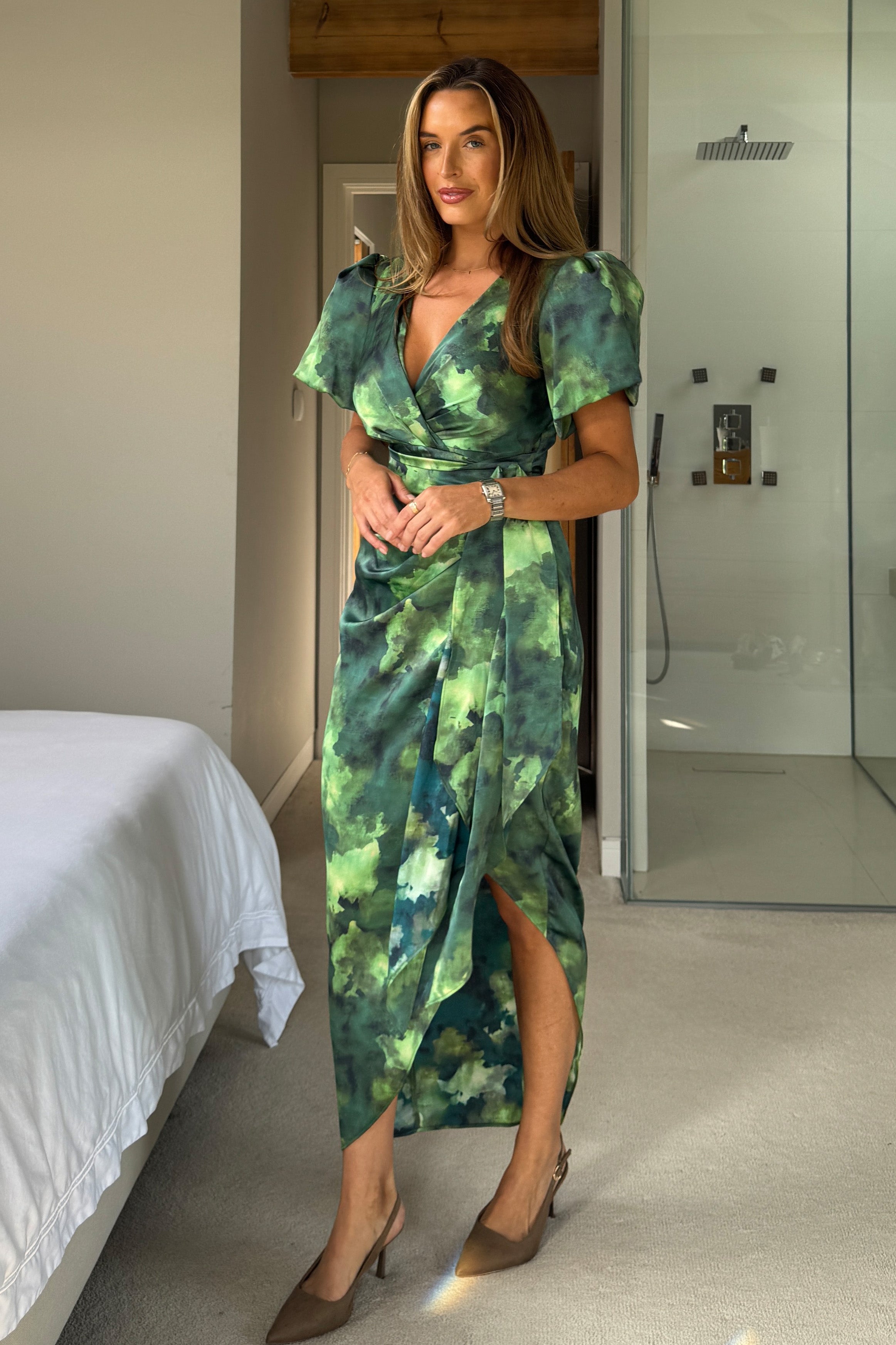Drew Puff Sleeve Wrap Front Midi Dress Green Marble *NEW FIT*