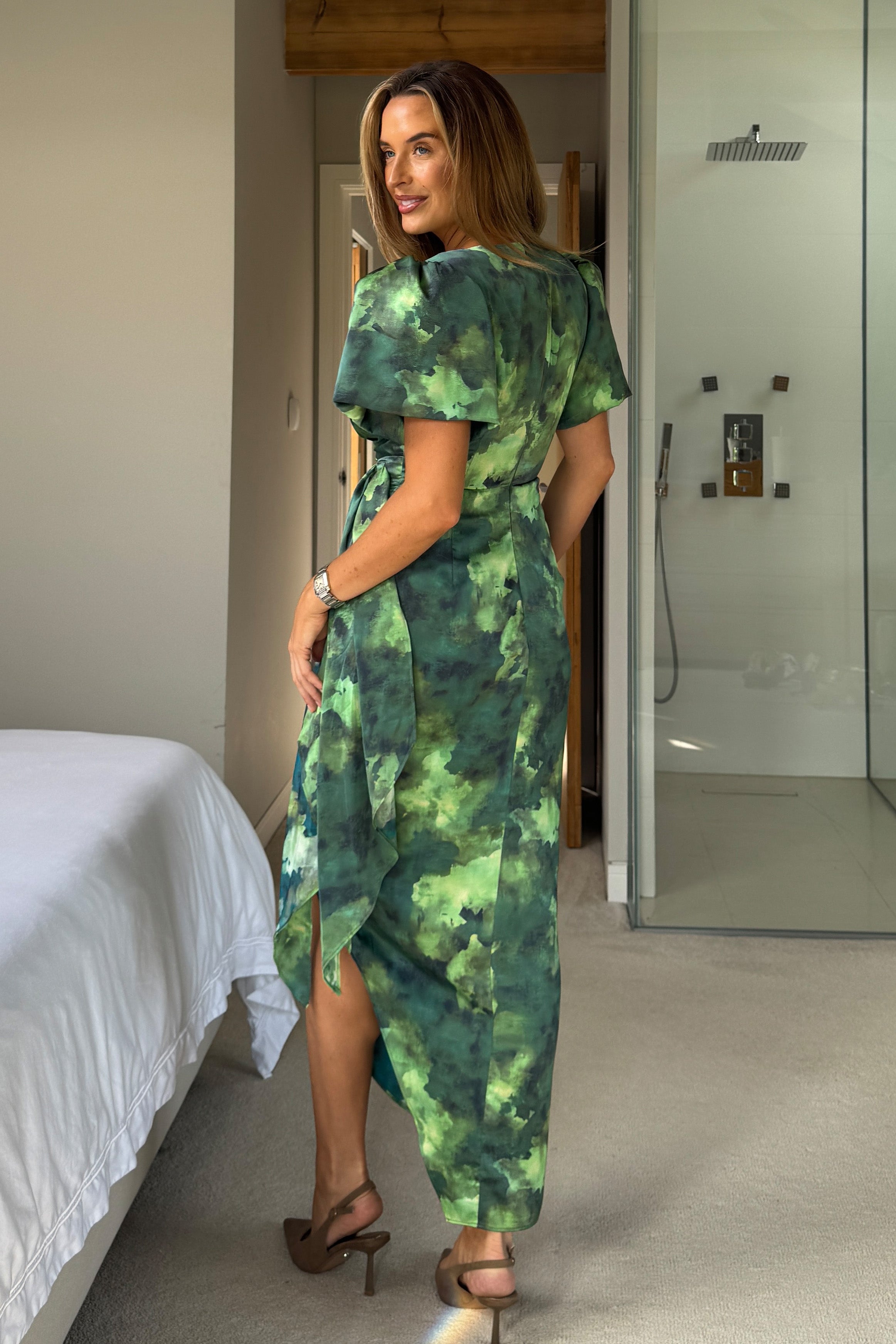 Drew Puff Sleeve Wrap Front Midi Dress Green Marble *NEW FIT*
