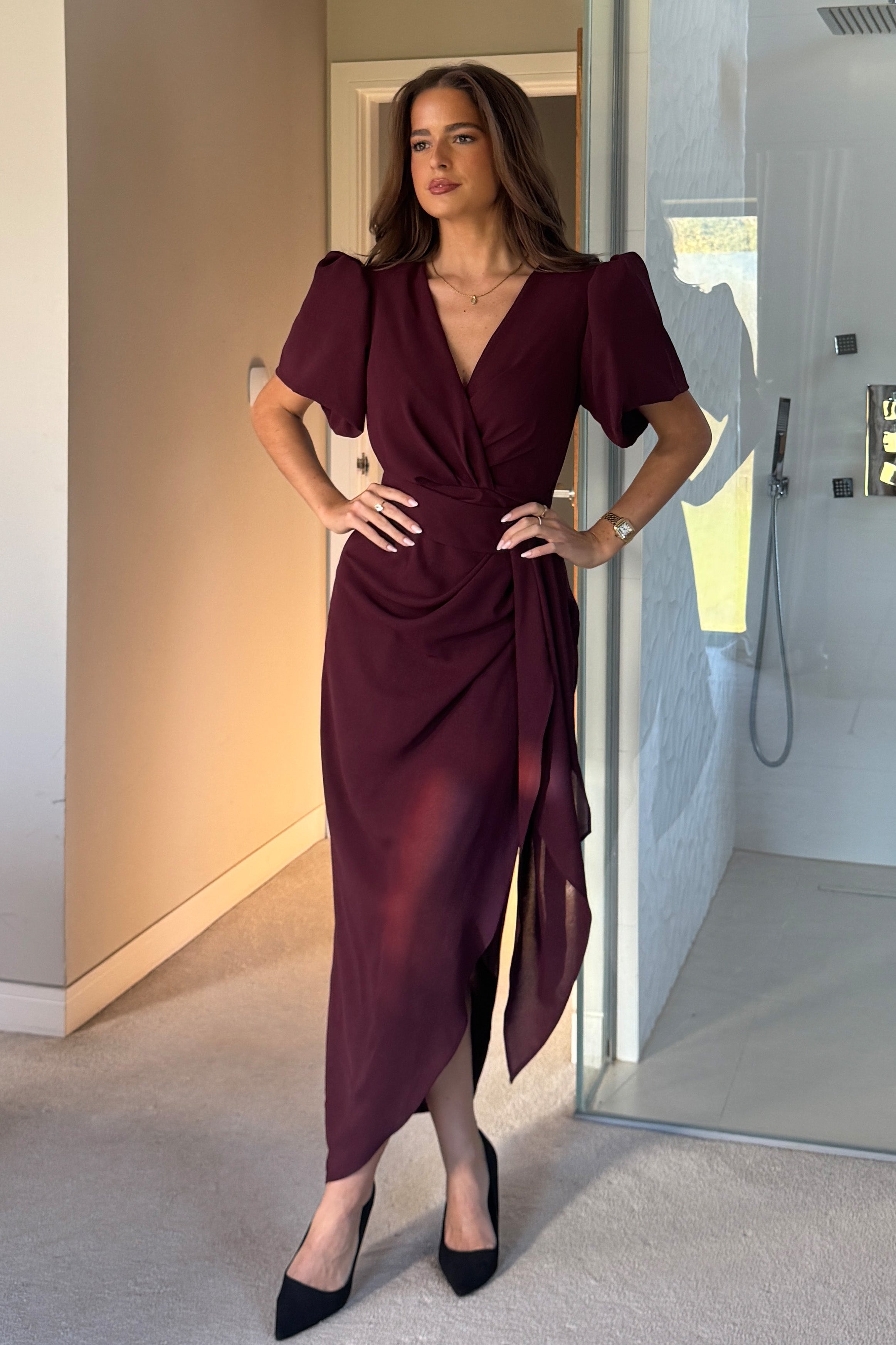 Drew Puff Sleeve Wrap Front Midi Dress Plum