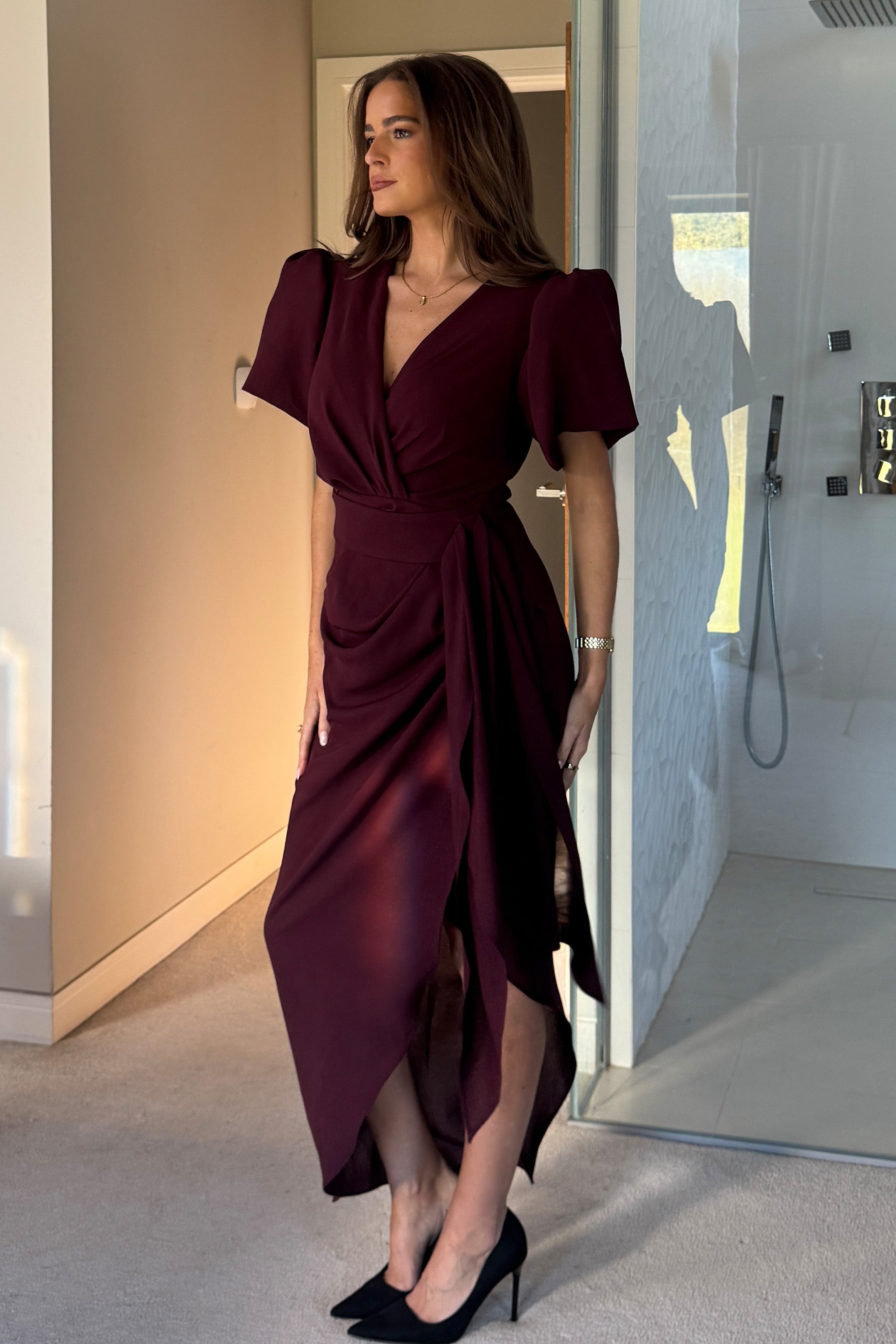 Drew Puff Sleeve Wrap Front Midi Dress Plum