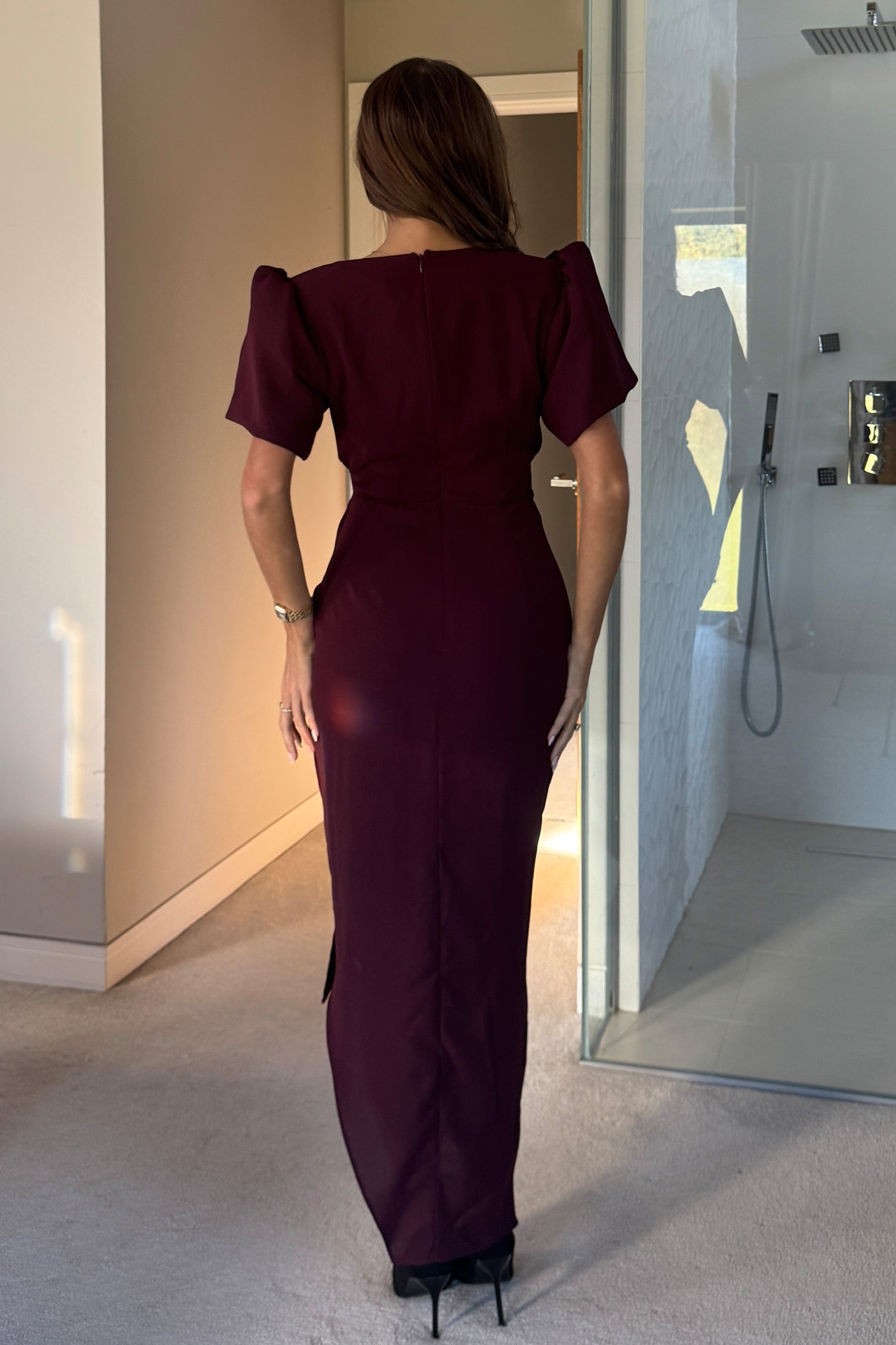 Drew Puff Sleeve Wrap Front Midi Dress Plum