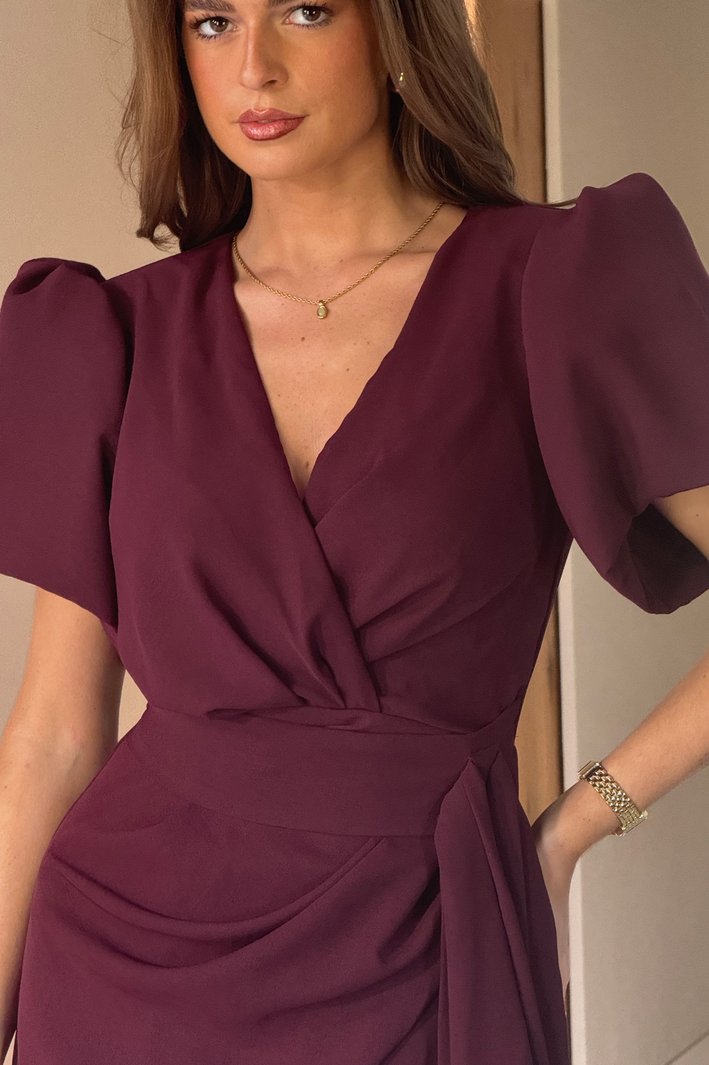 Drew Puff Sleeve Wrap Front Midi Dress Plum