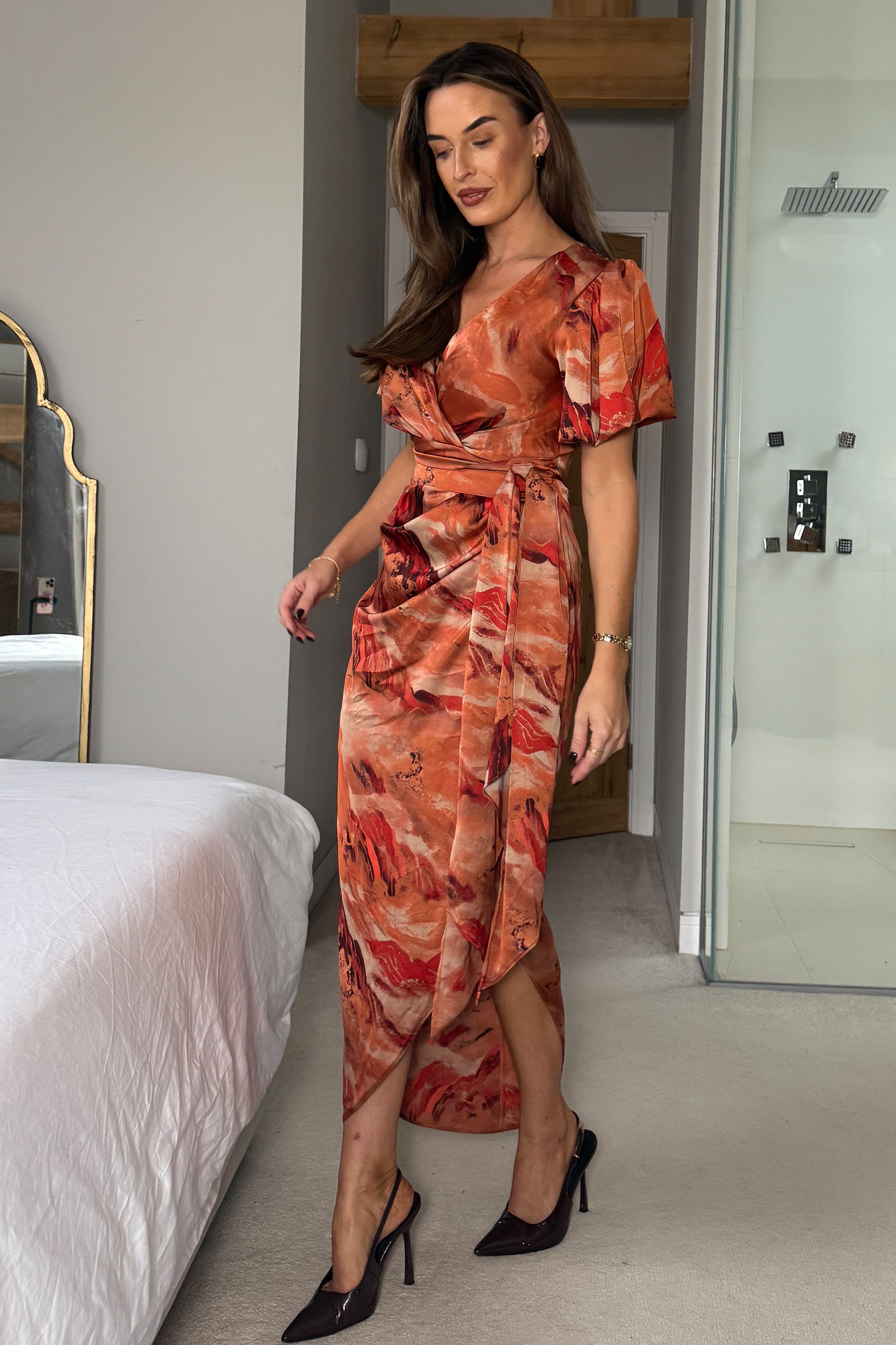 Drew Puff Sleeve Wrap Front Midi Dress Orange Abstract
