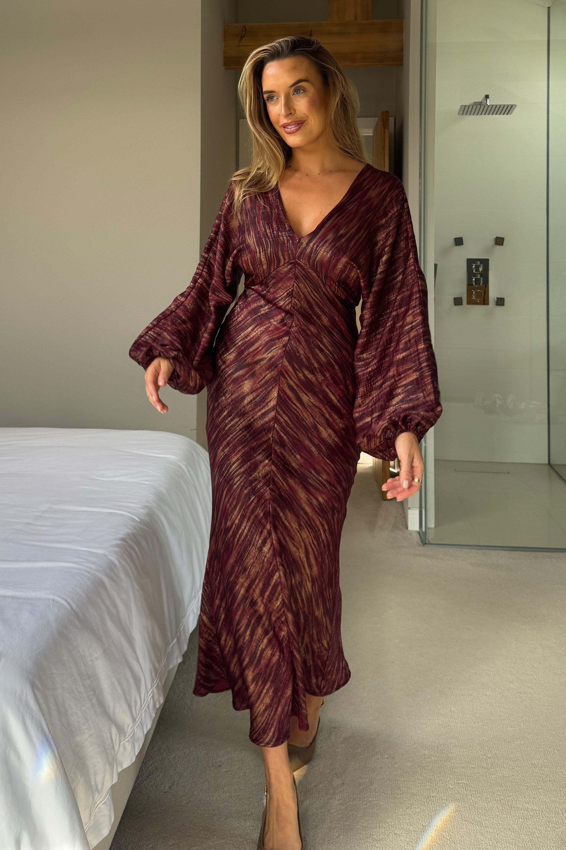 London V Neck Long Sleeve Maxi Dress Berry And Gold Stripe