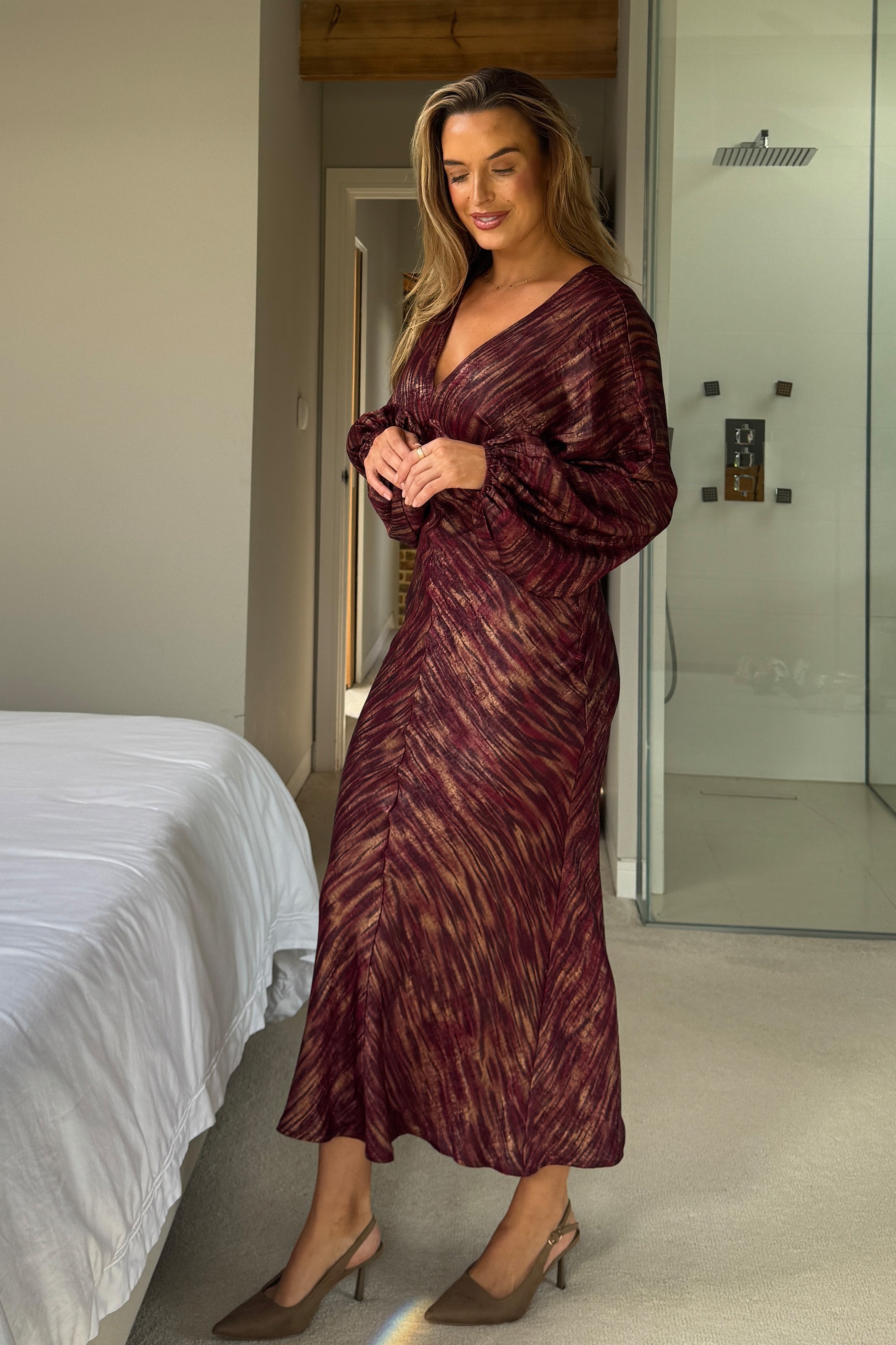 London V Neck Long Sleeve Maxi Dress Berry And Gold Stripe