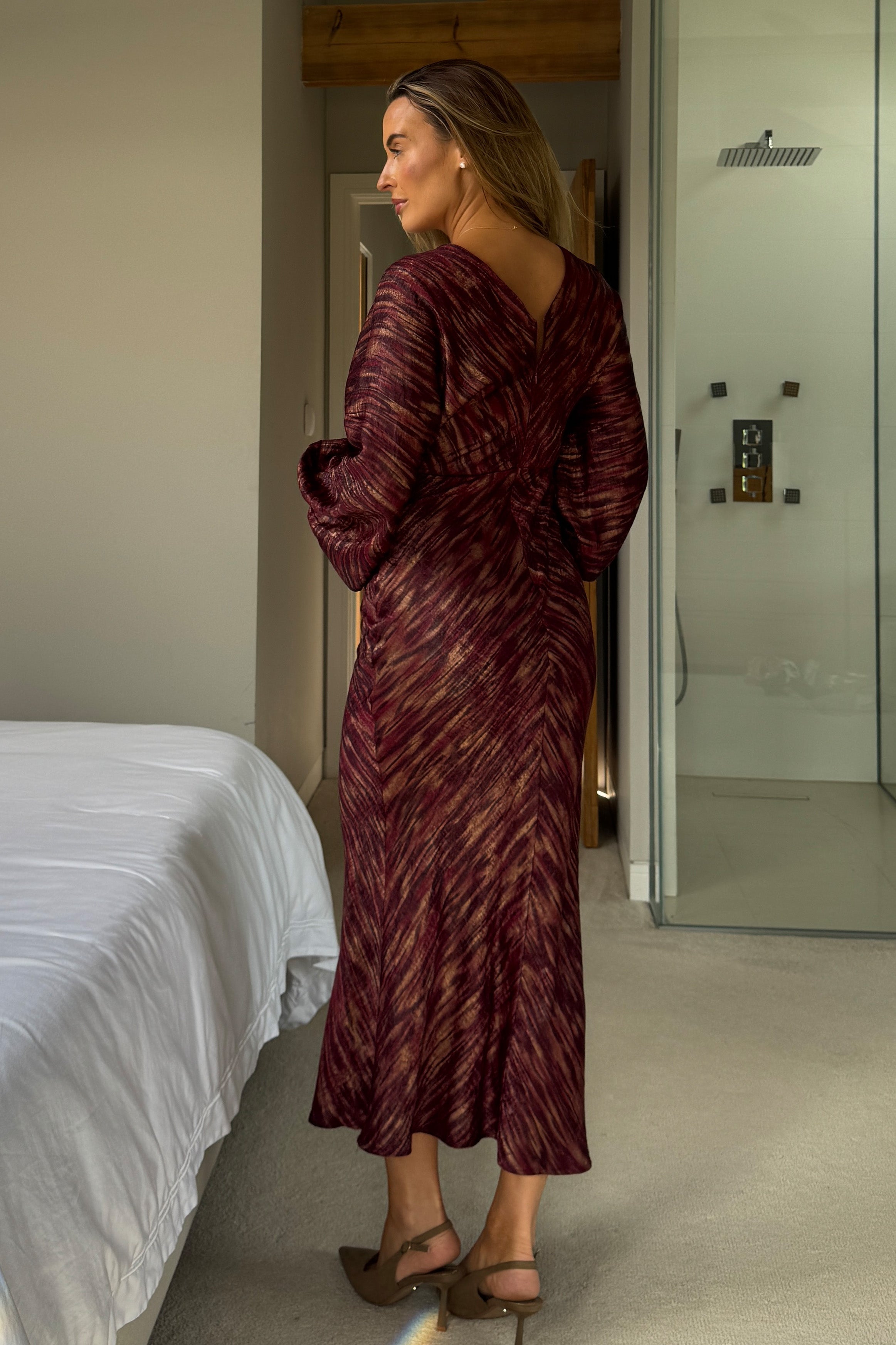 London V Neck Long Sleeve Maxi Dress Berry And Gold Stripe
