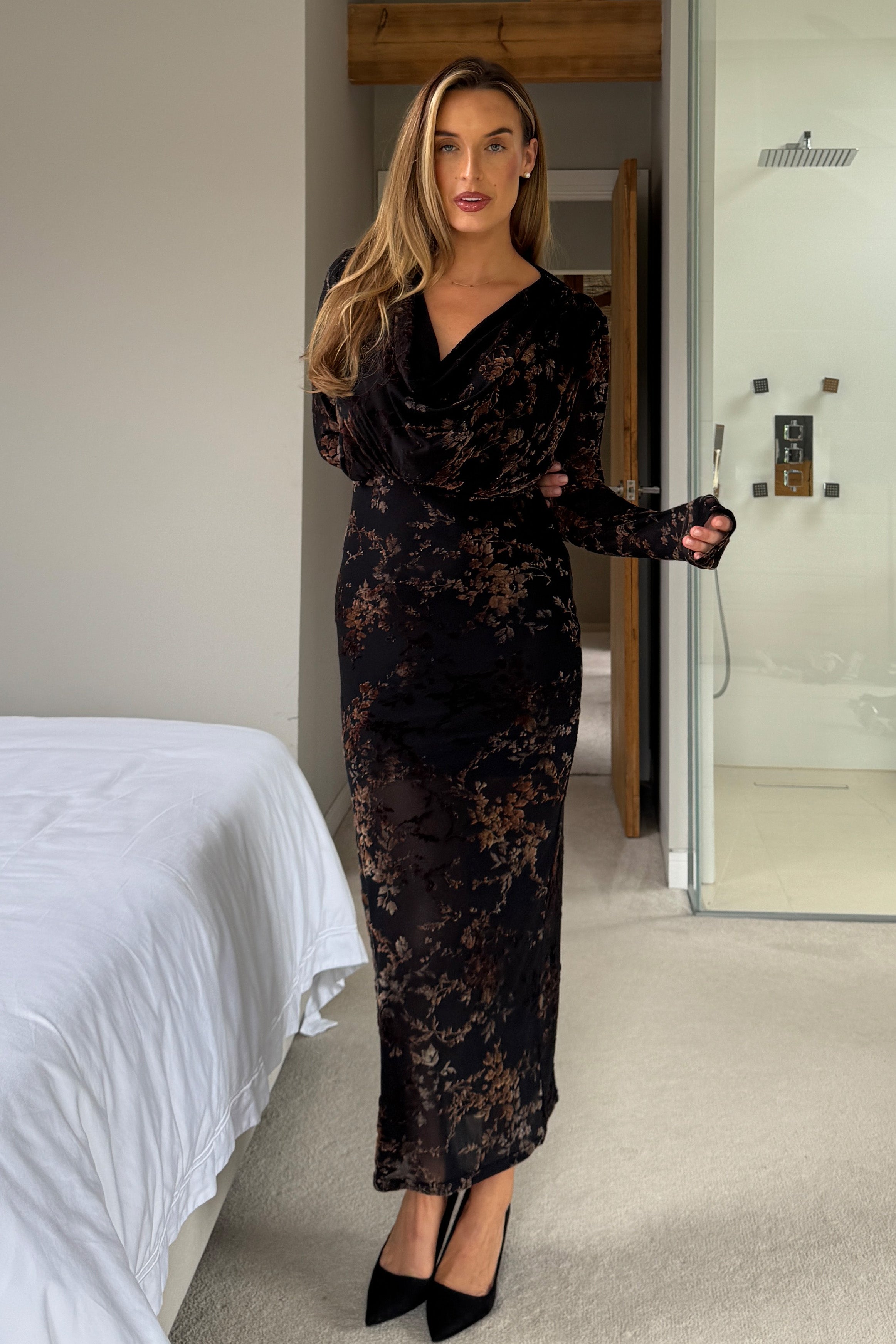 Remington Flocked Floral Cowl Neck Midi Dress Black
