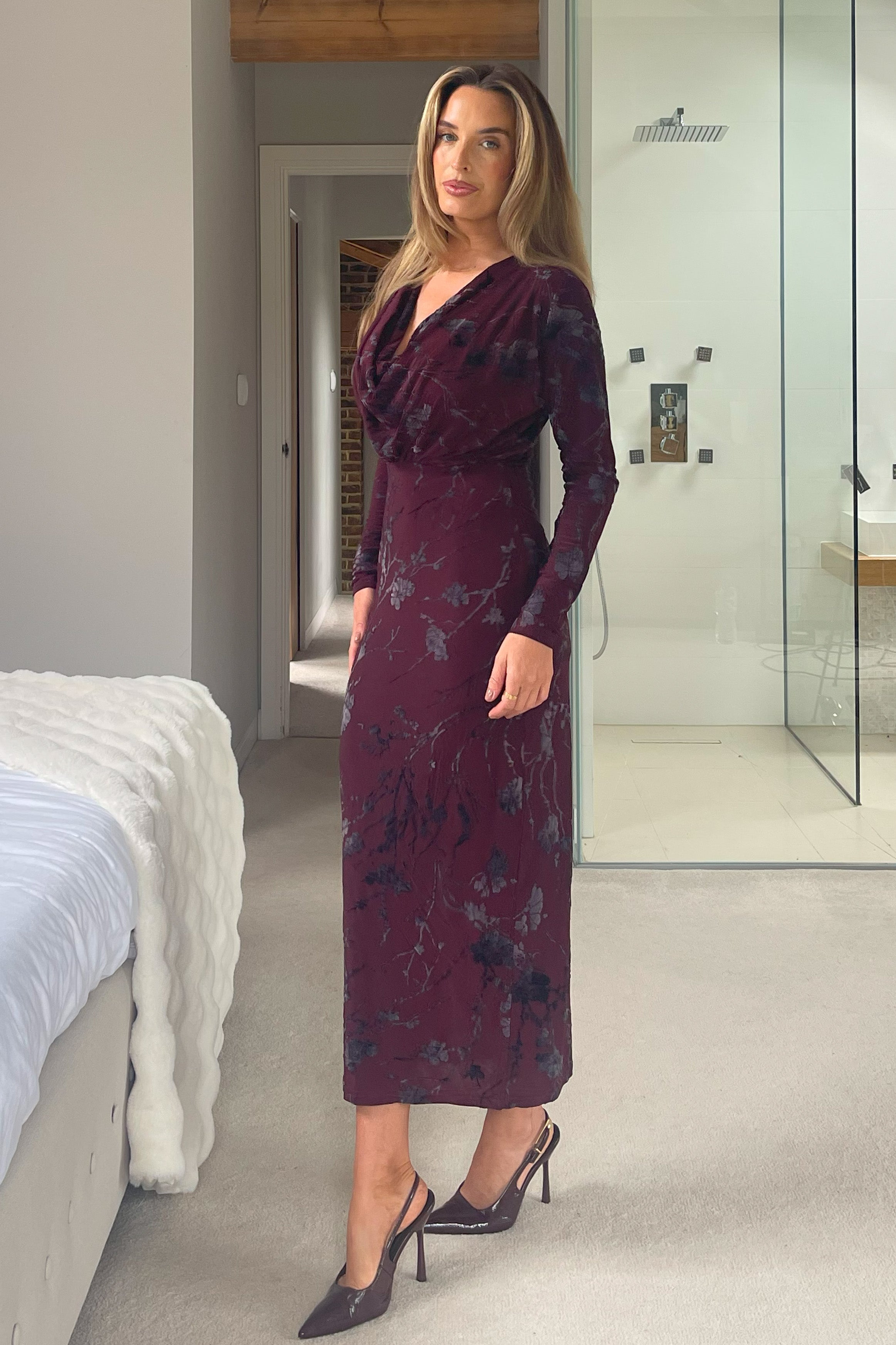 Remington Flocked Floral Cowl Neck Midi Dress Plum