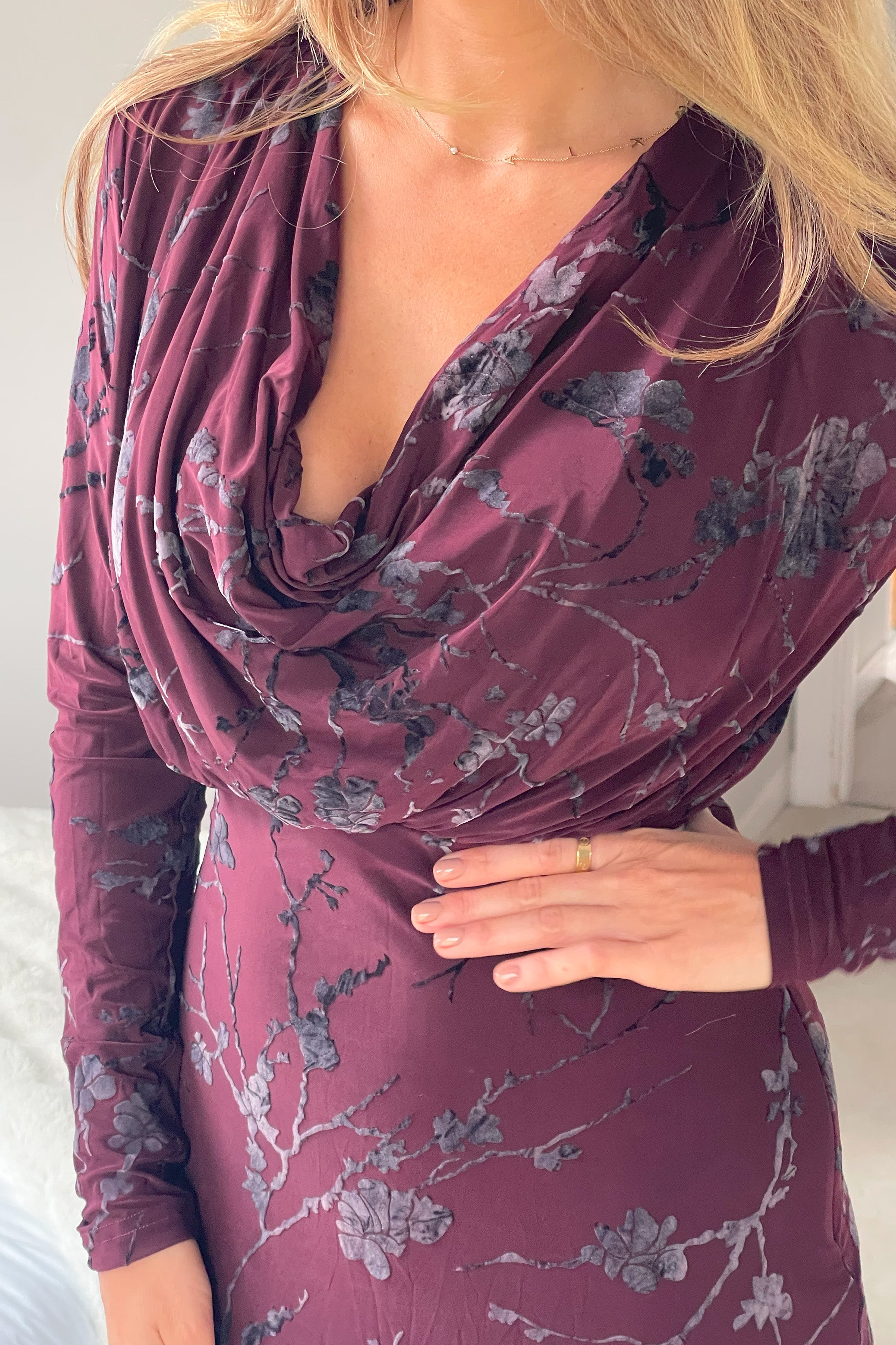 Remington Flocked Floral Cowl Neck Midi Dress Plum