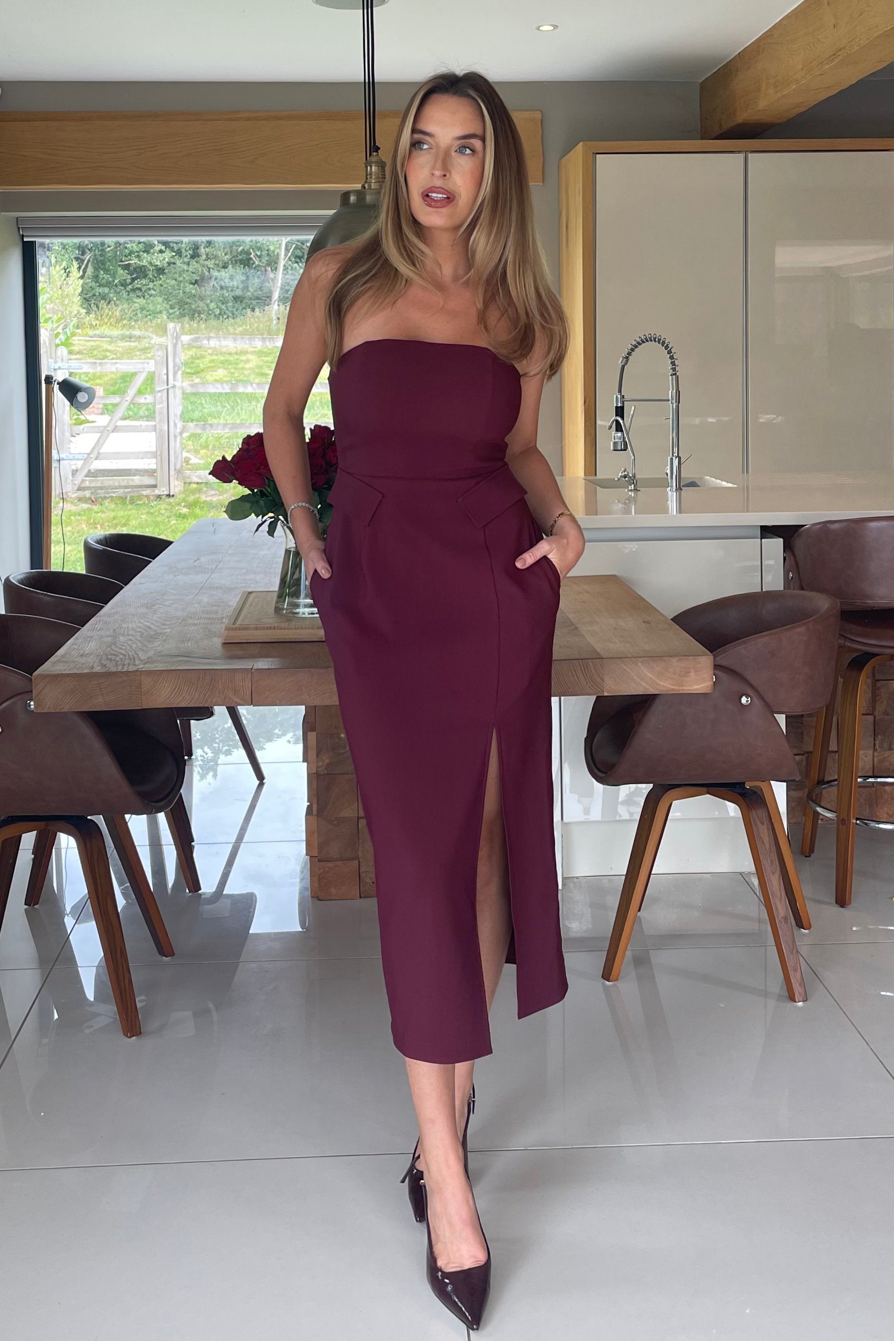 Elain Bandeau Front Split Bodycon Midi Dress Berry