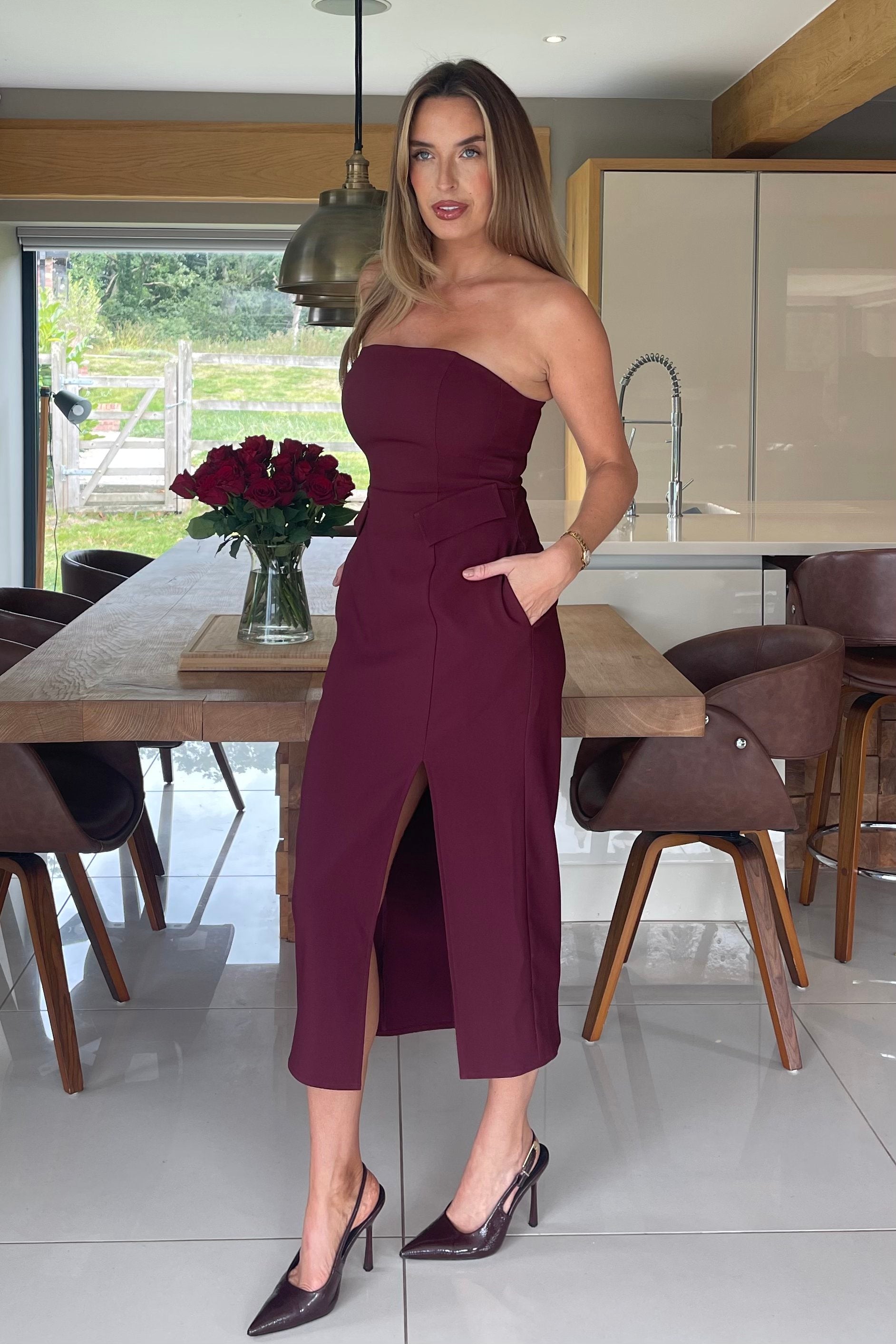 Elain Bandeau Front Split Bodycon Midi Dress Berry