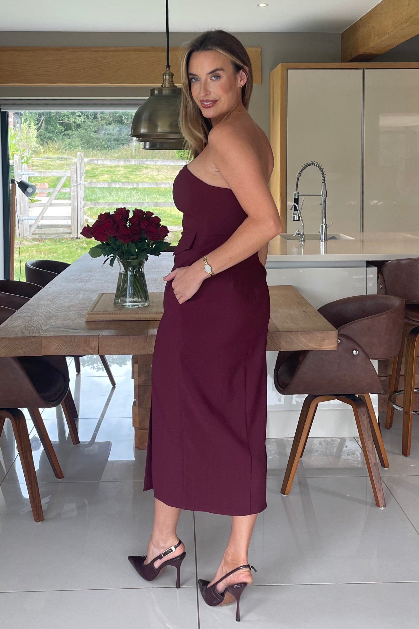 Elain Bandeau Front Split Bodycon Midi Dress Berry