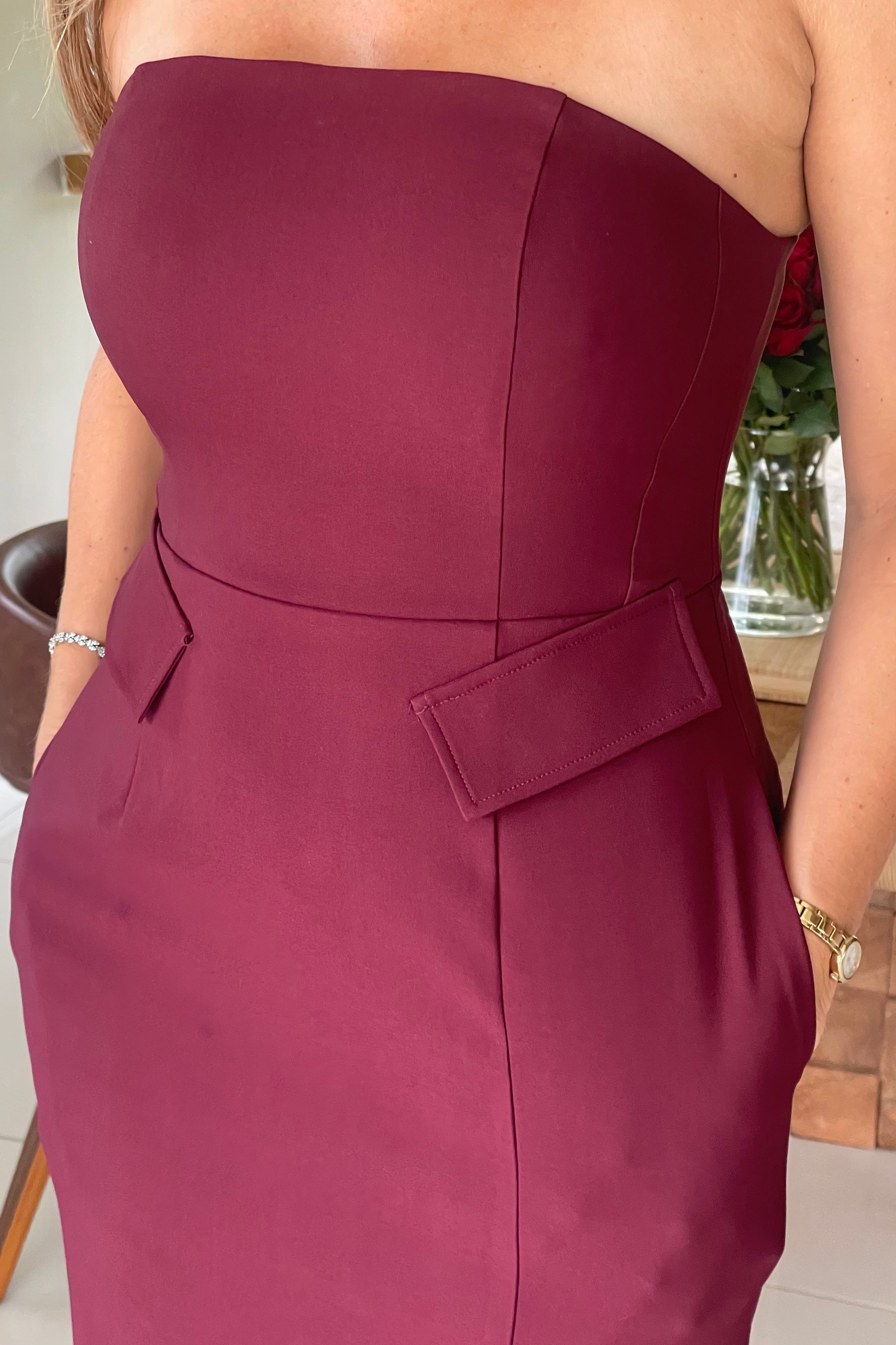 Elain Bandeau Front Split Bodycon Midi Dress Berry