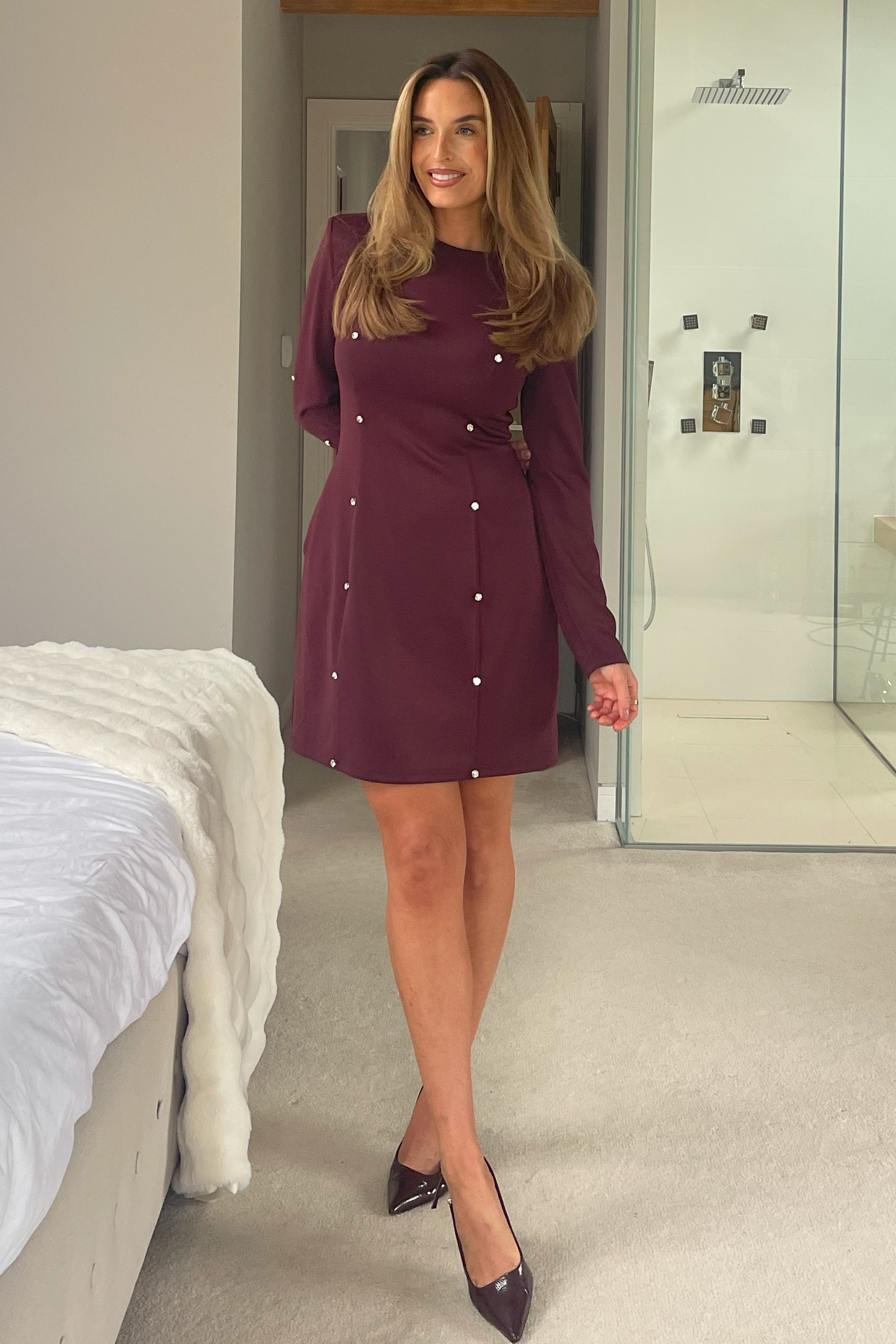 Morrigan Studded Long Sleeve Mini Dress Plum