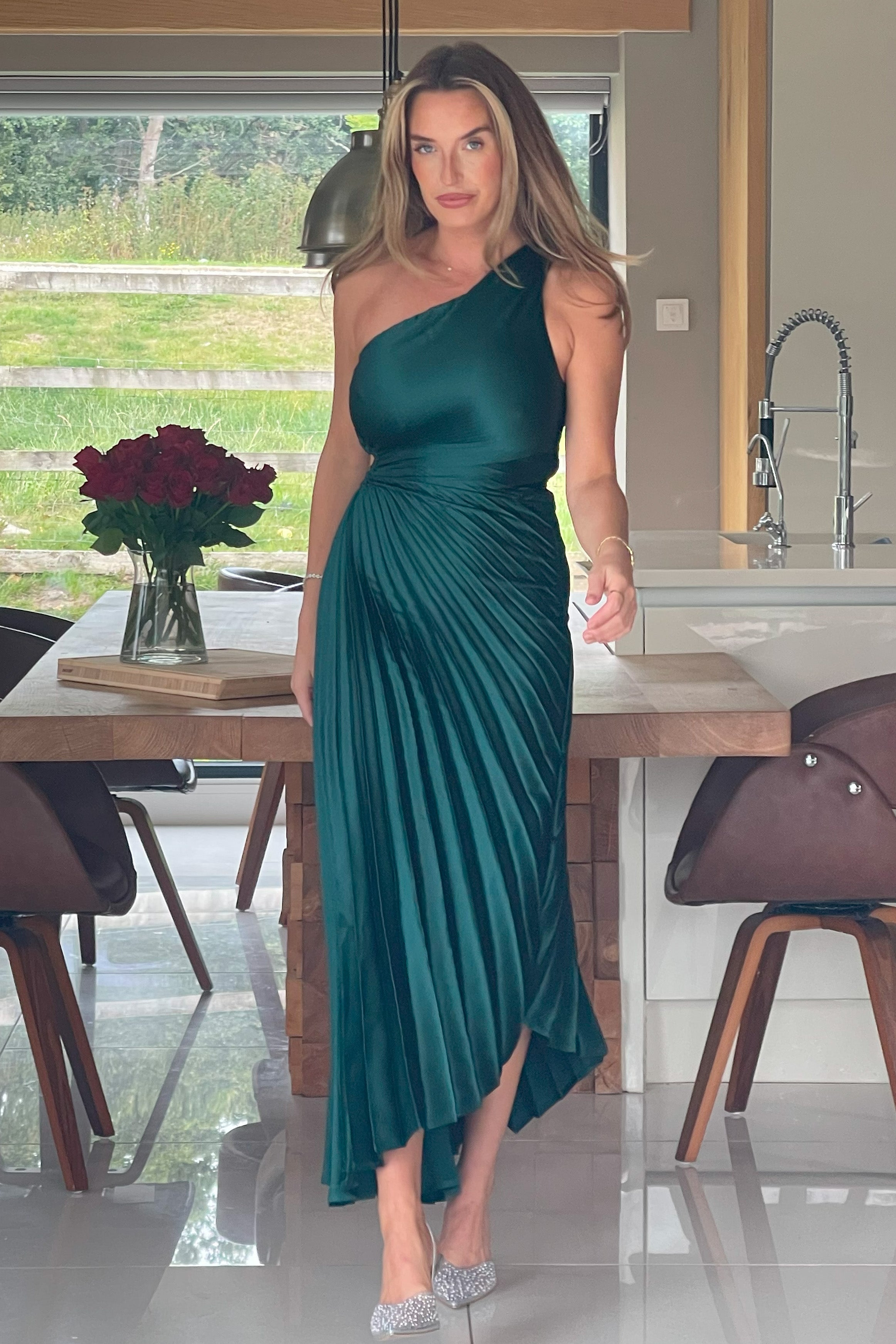 Aoife One Shoulder Pleated Midi Dress Emerald
