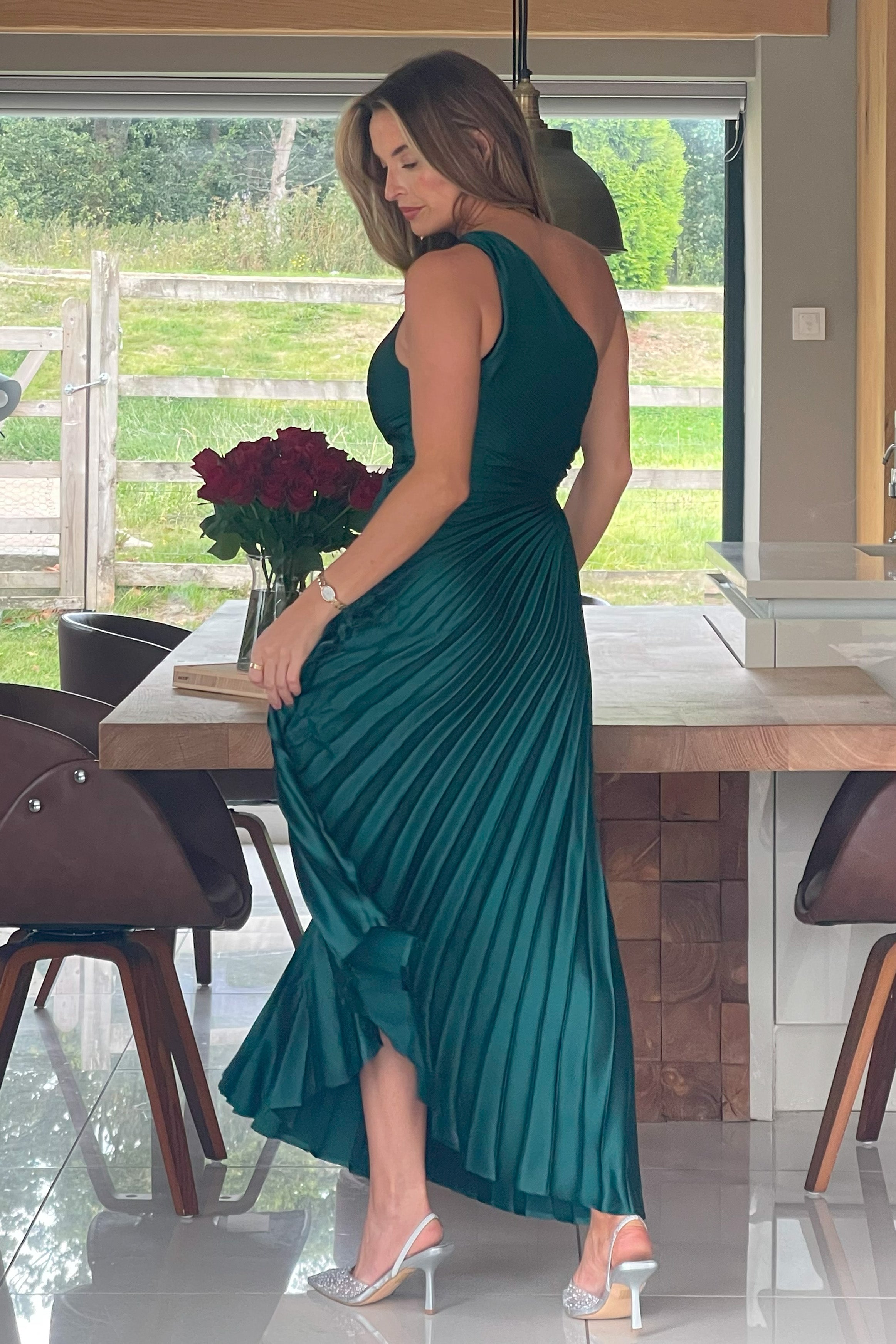 Aoife One Shoulder Pleated Midi Dress Emerald