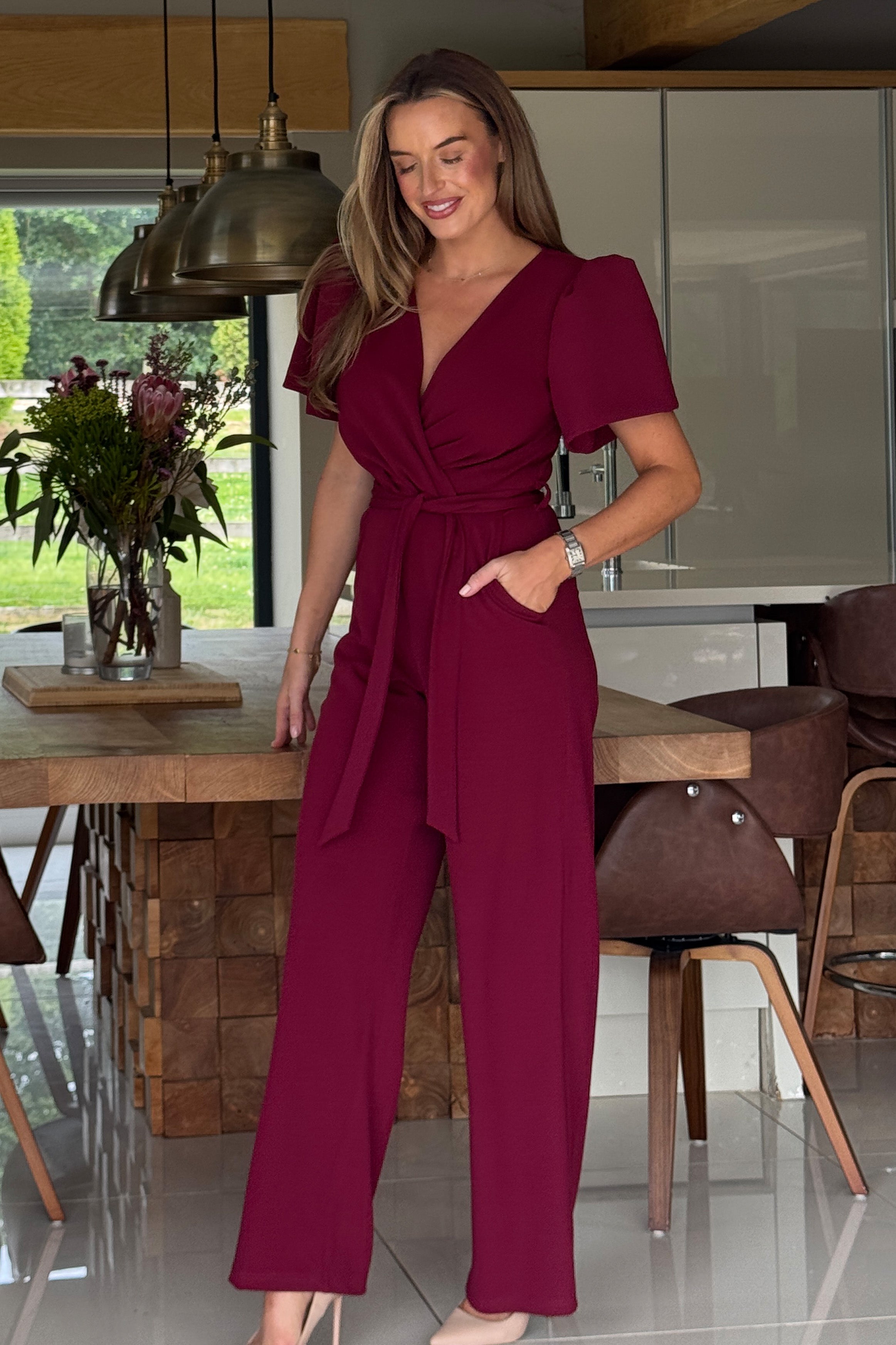 Drew Wrap Neck Puff Sleeve Jumpsuit Berry