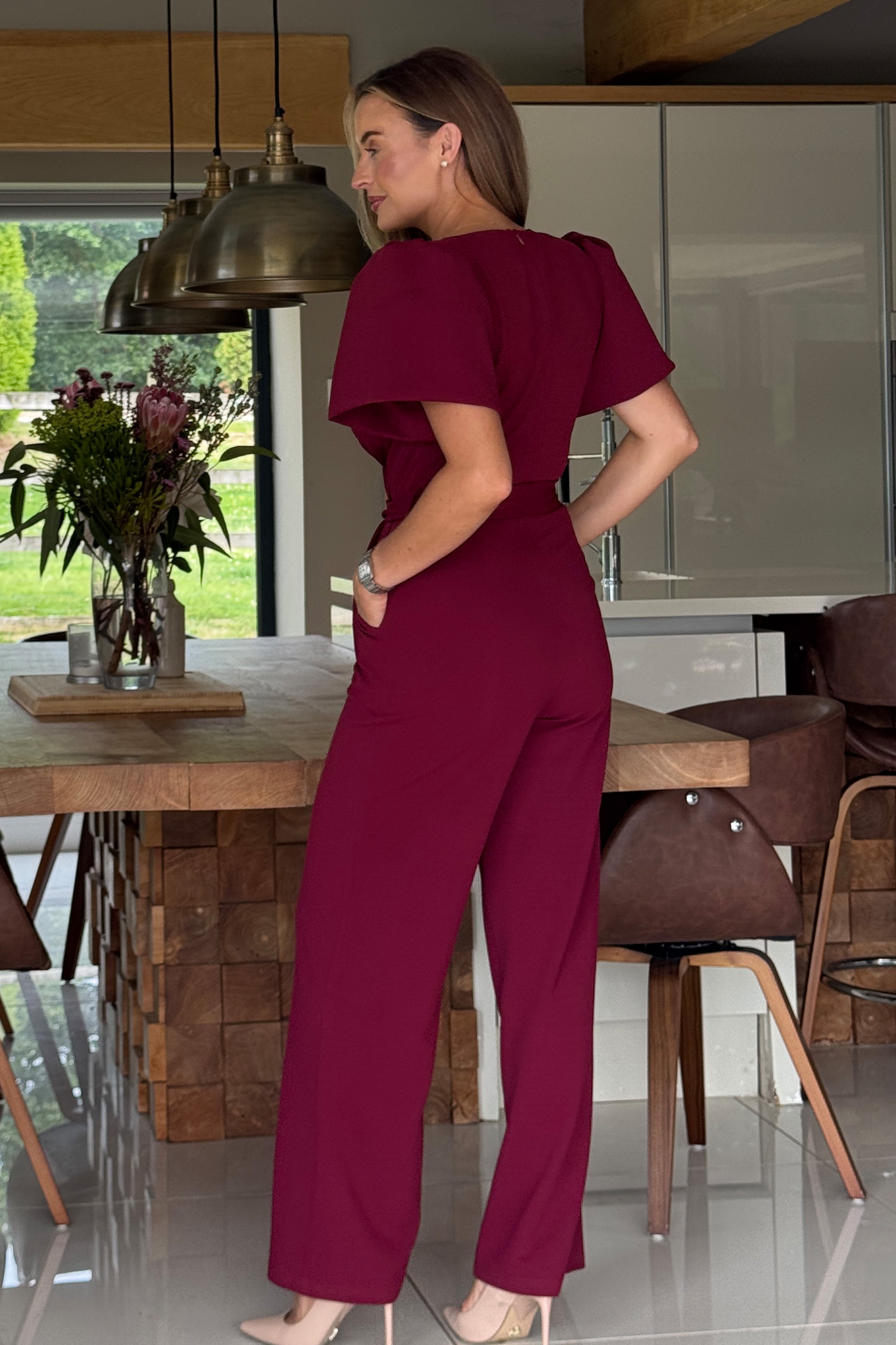 Drew Wrap Neck Puff Sleeve Jumpsuit Berry