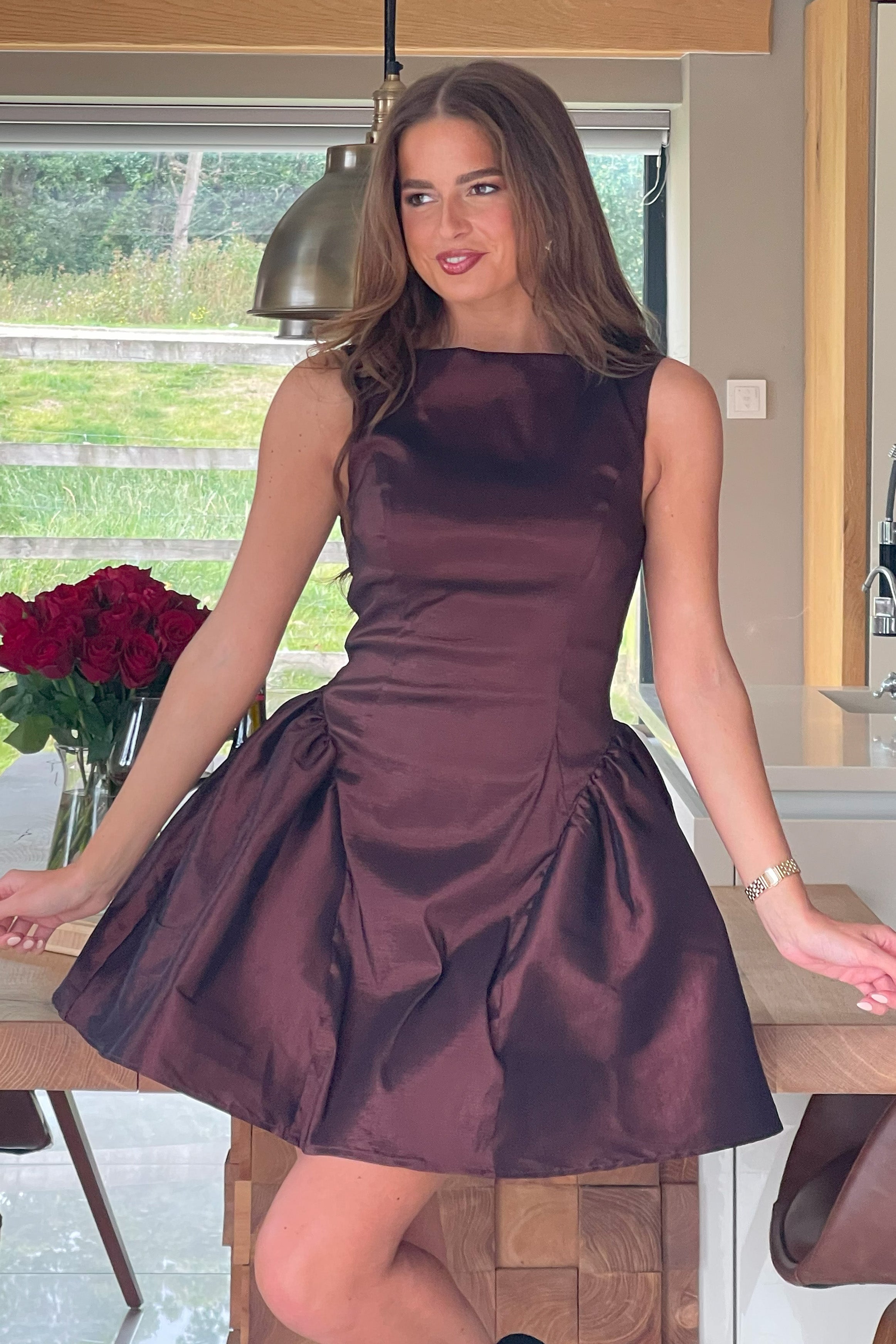 Suri Dropped Waist Mini Dress Brown