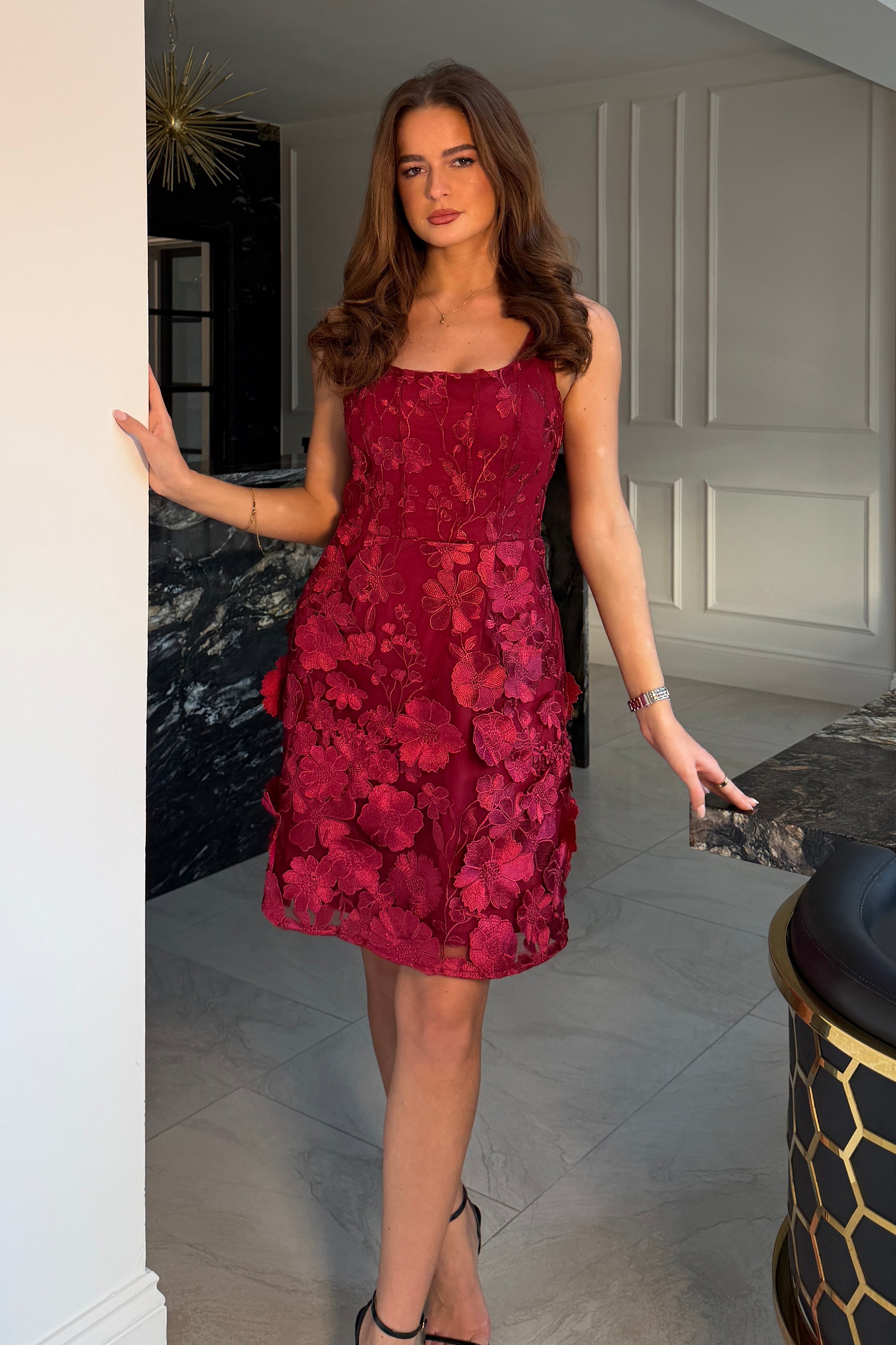 Celeste 3D Floral Square Neck Mini Dress Berry