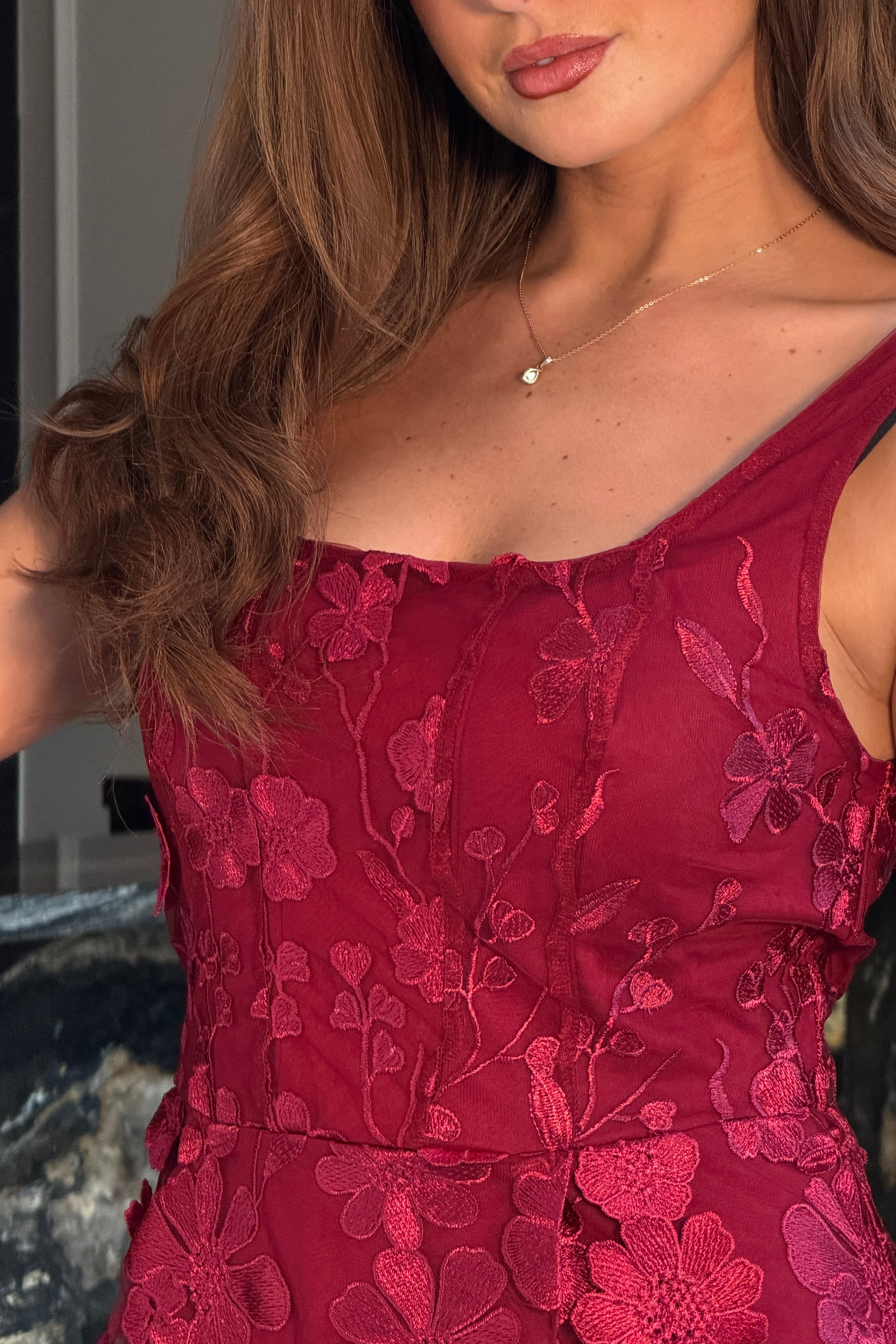Celeste 3D Floral Square Neck Mini Dress Berry