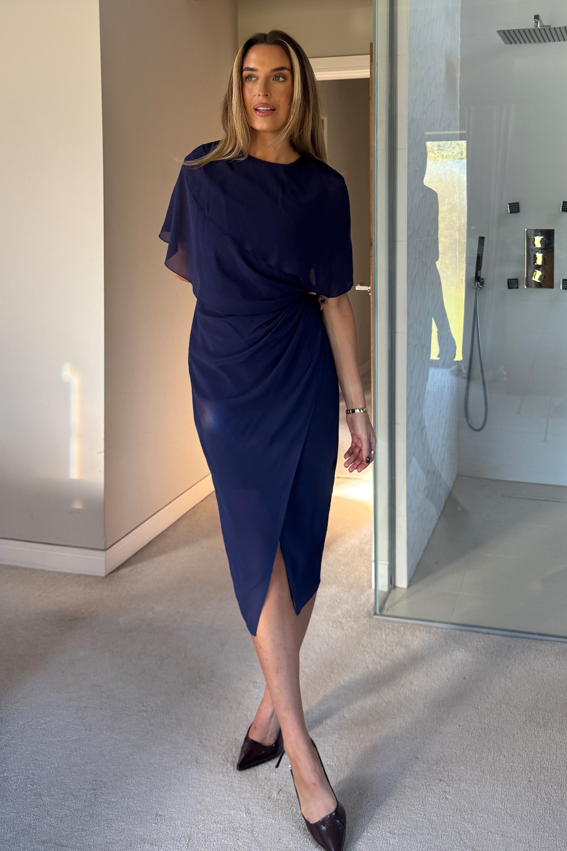 Vivienne Cape Detail Wrap Midi Dress Navy