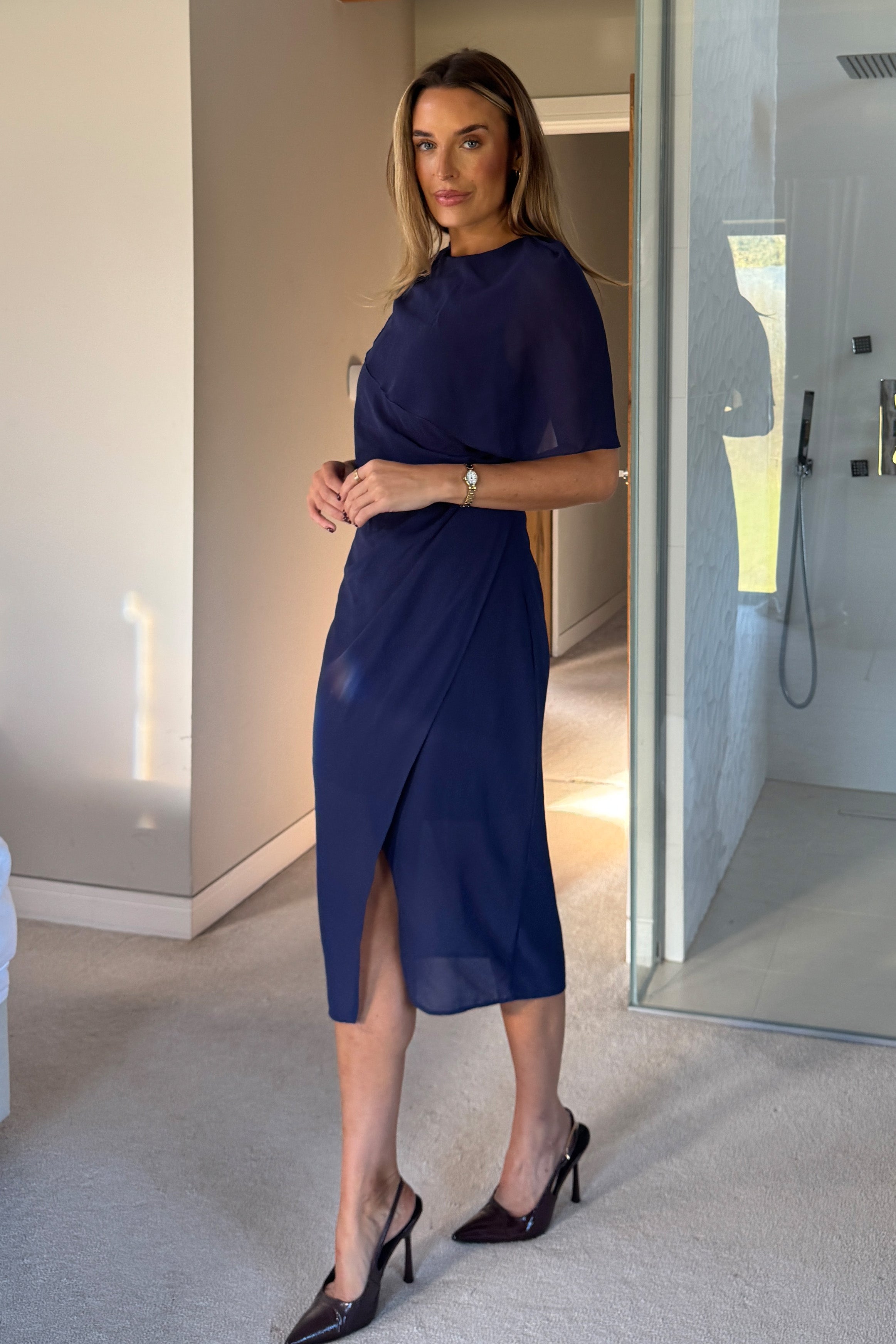 Vivienne Cape Detail Wrap Midi Dress Navy