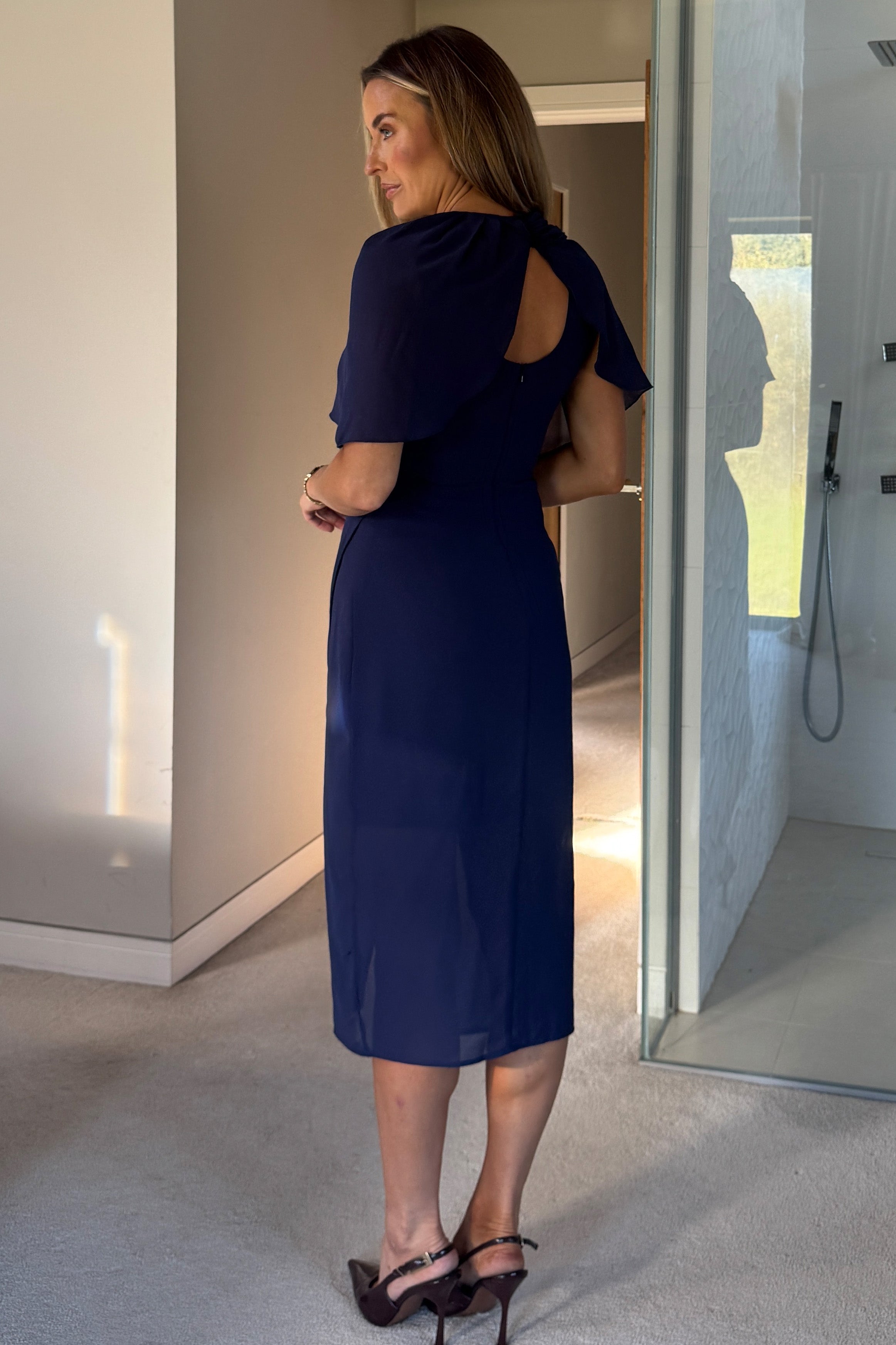 Vivienne Cape Detail Wrap Midi Dress Navy