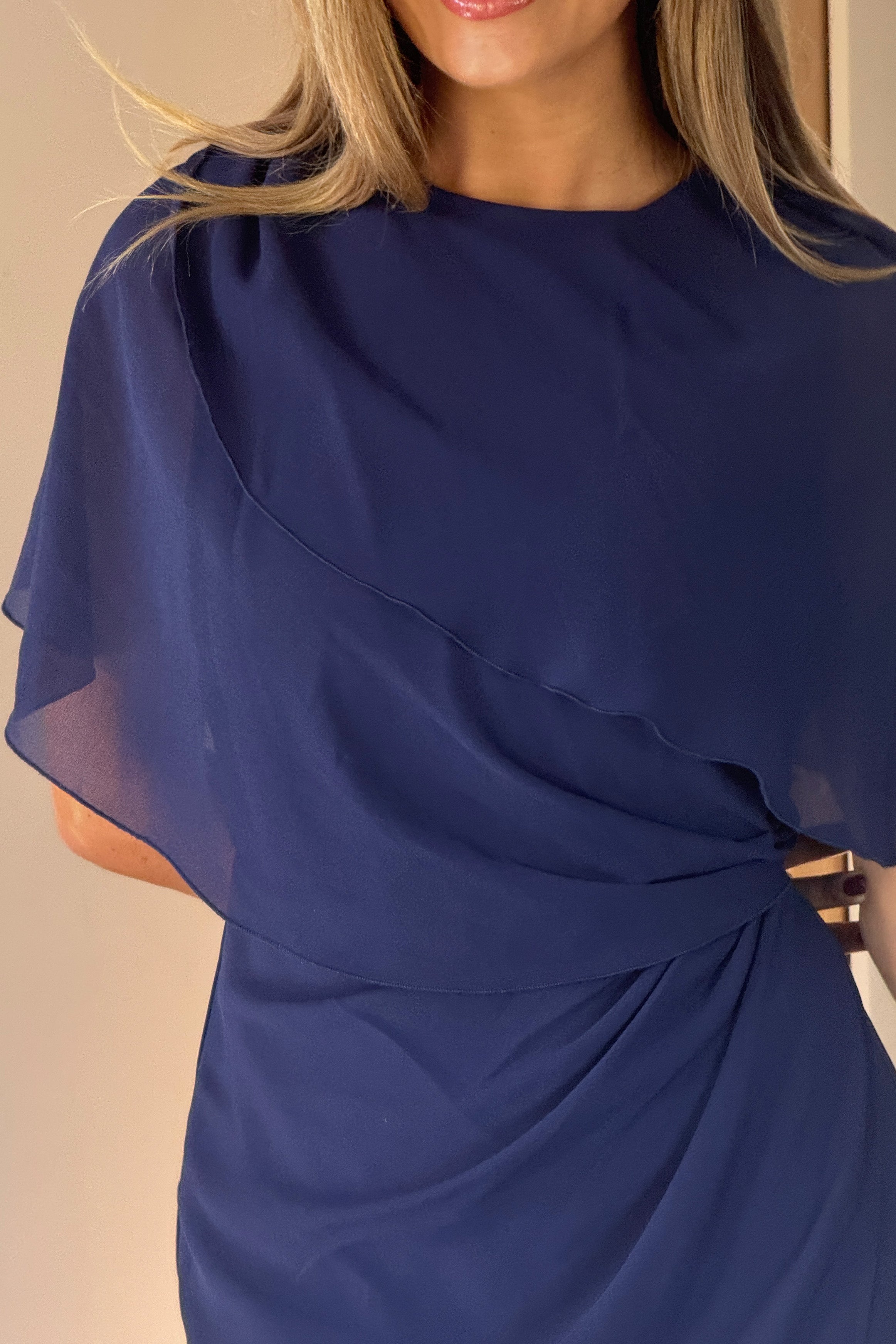Vivienne Cape Detail Wrap Midi Dress Navy