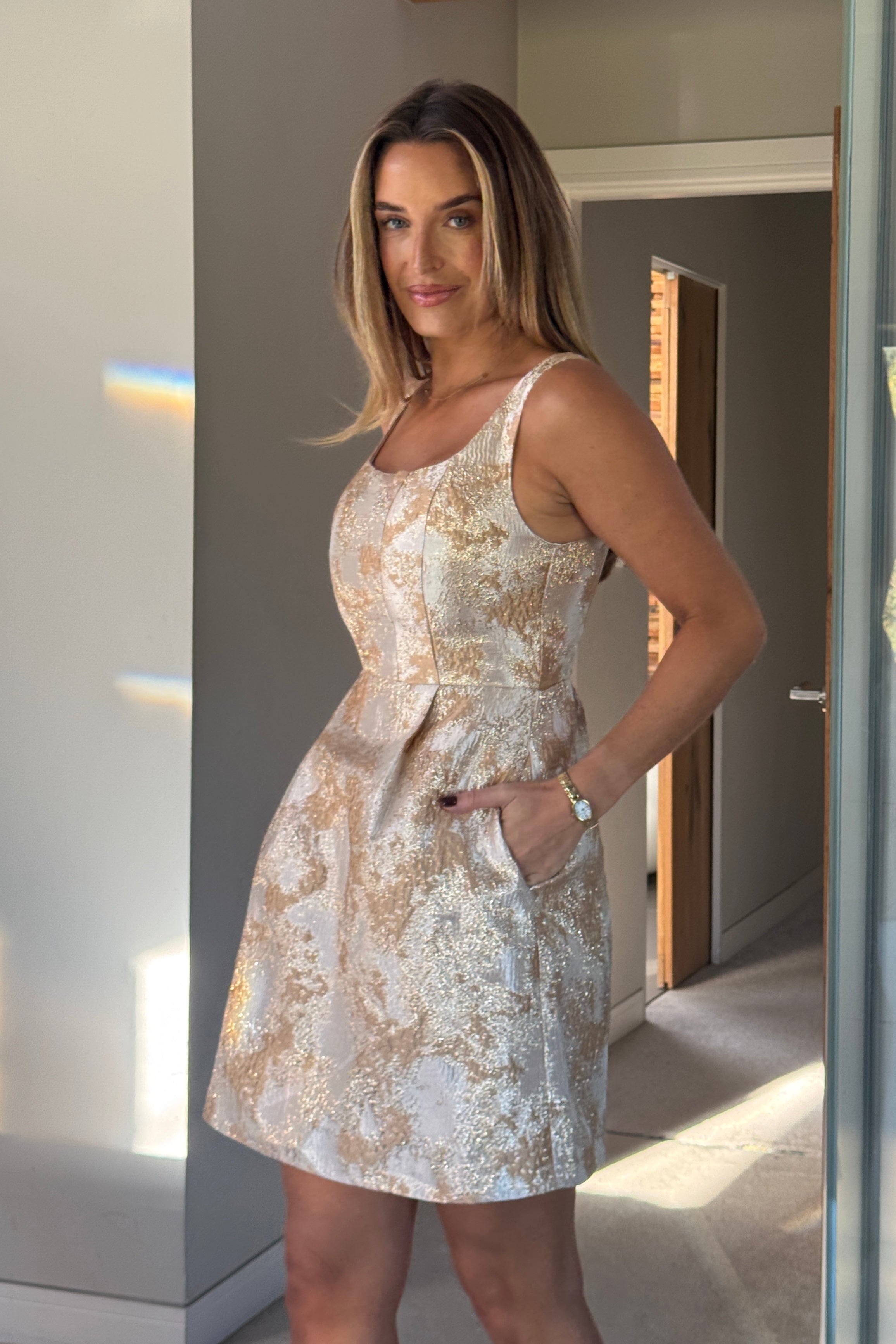 Shania Gold Jacquard Structured Mini Dress