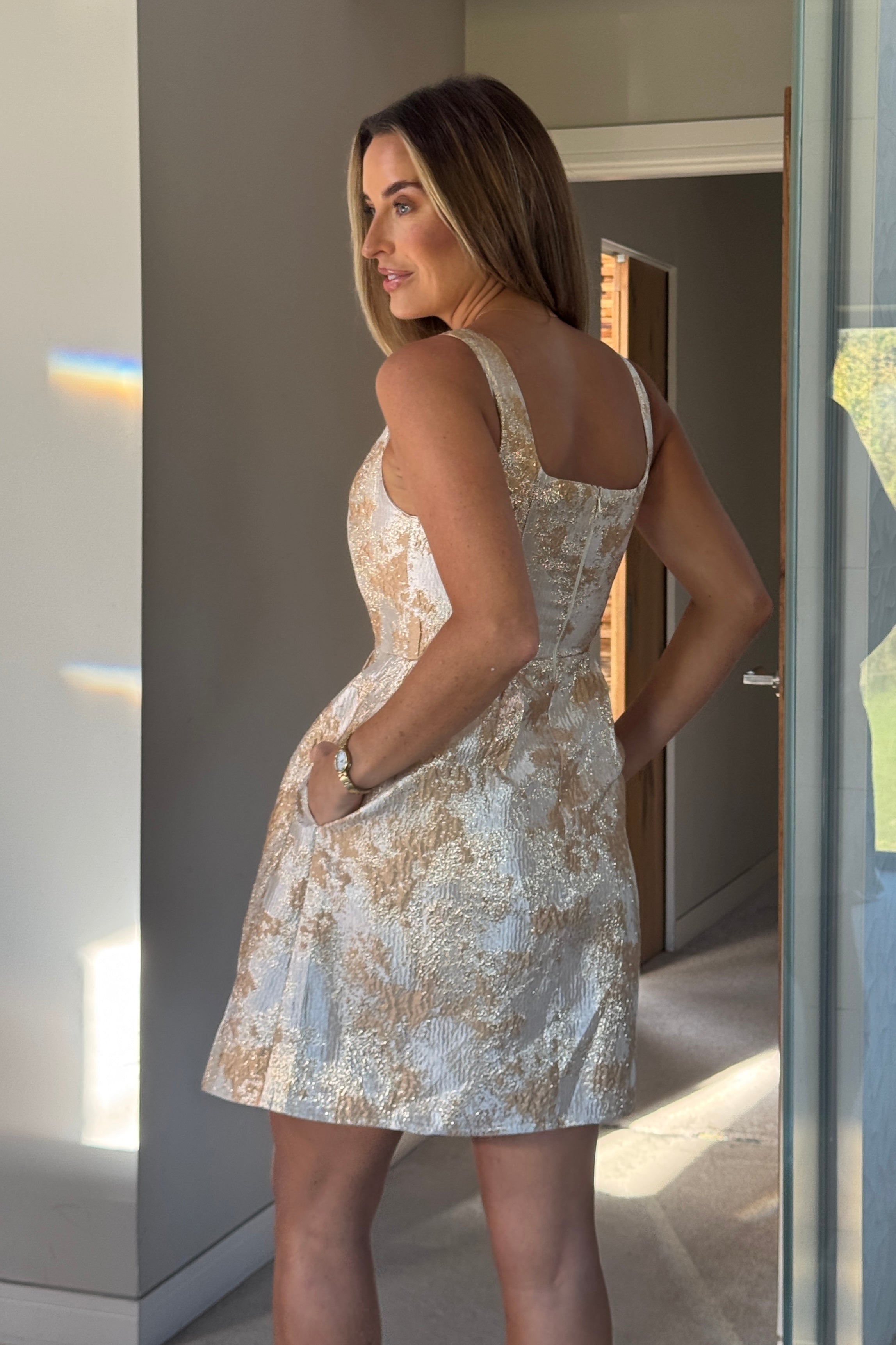 Shania Gold Jacquard Structured Mini Dress