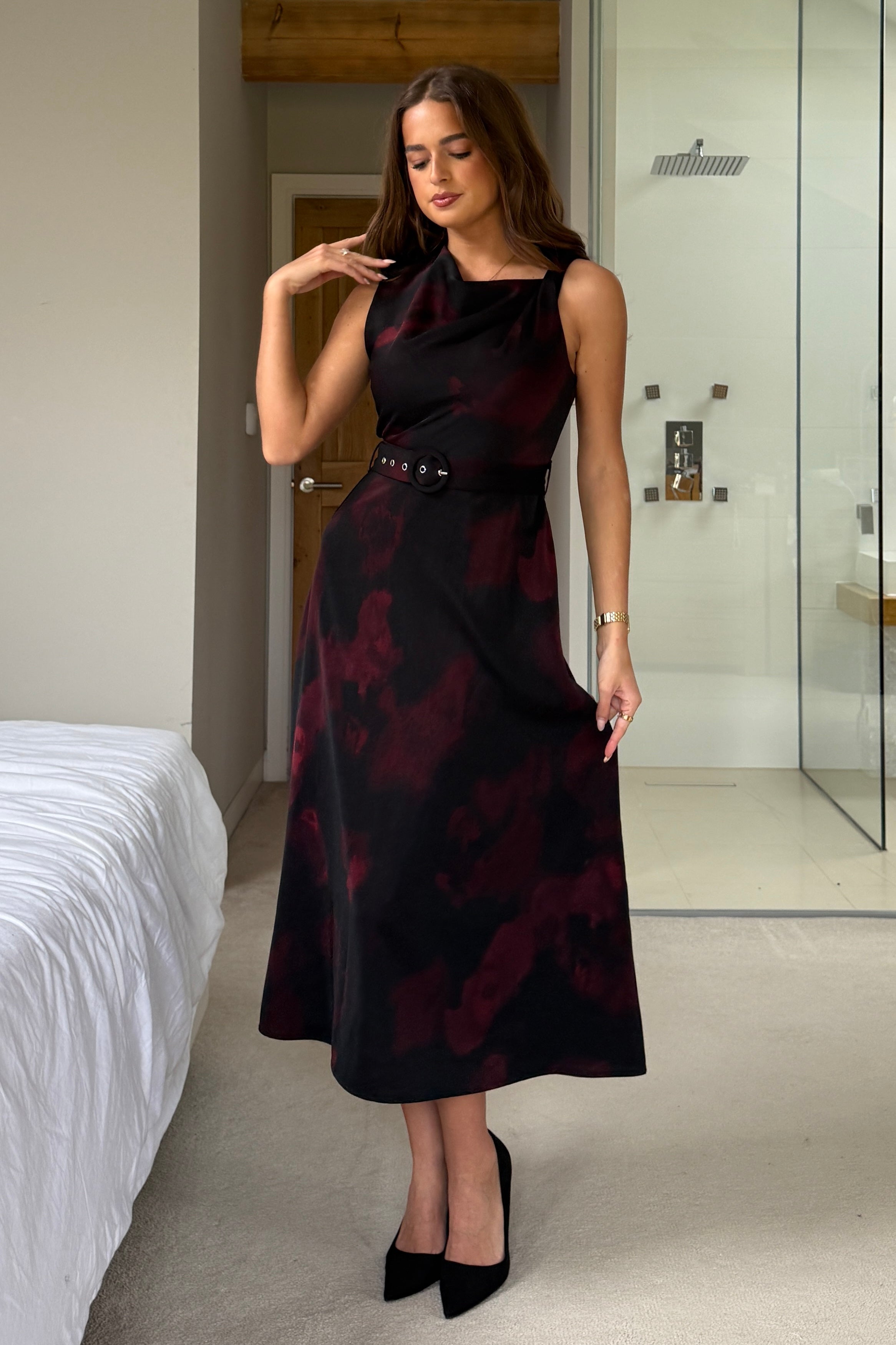 Leilani Twister Shoulder Skater Midi Dress Black