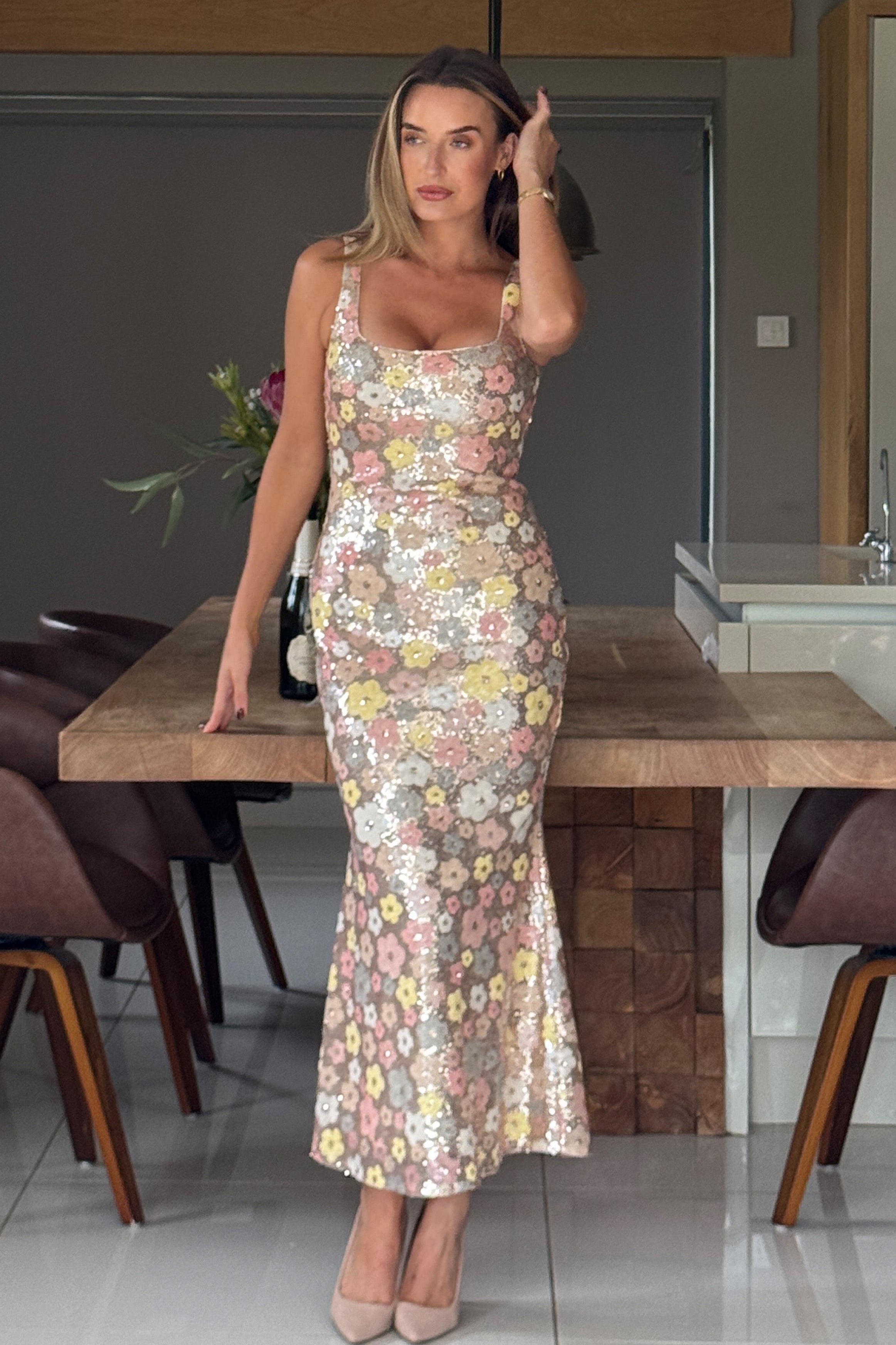 Lisbon Square Neck Pink & Gold Sequin Midi Dress