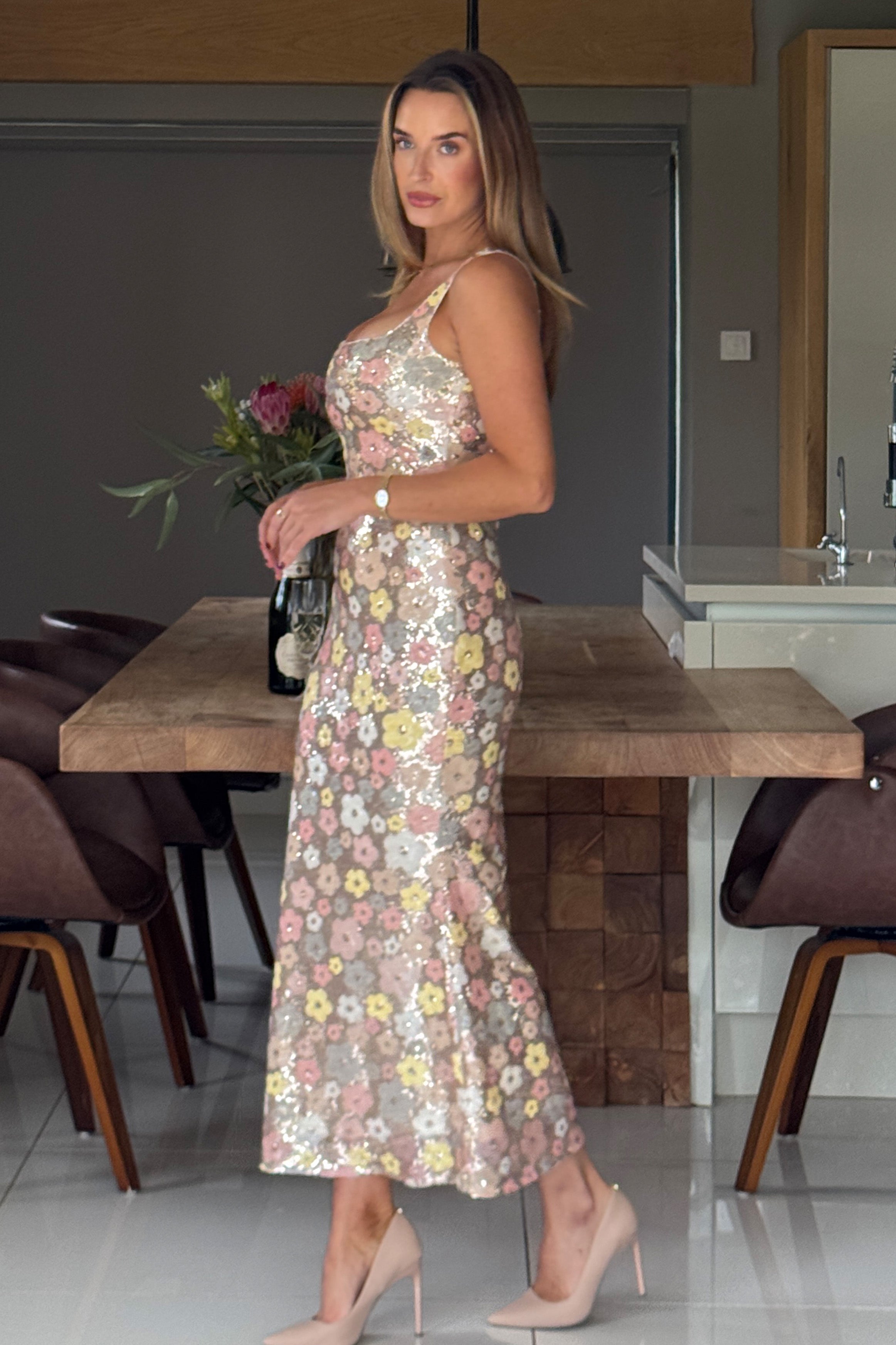 Lisbon Square Neck Pink & Gold Sequin Midi Dress