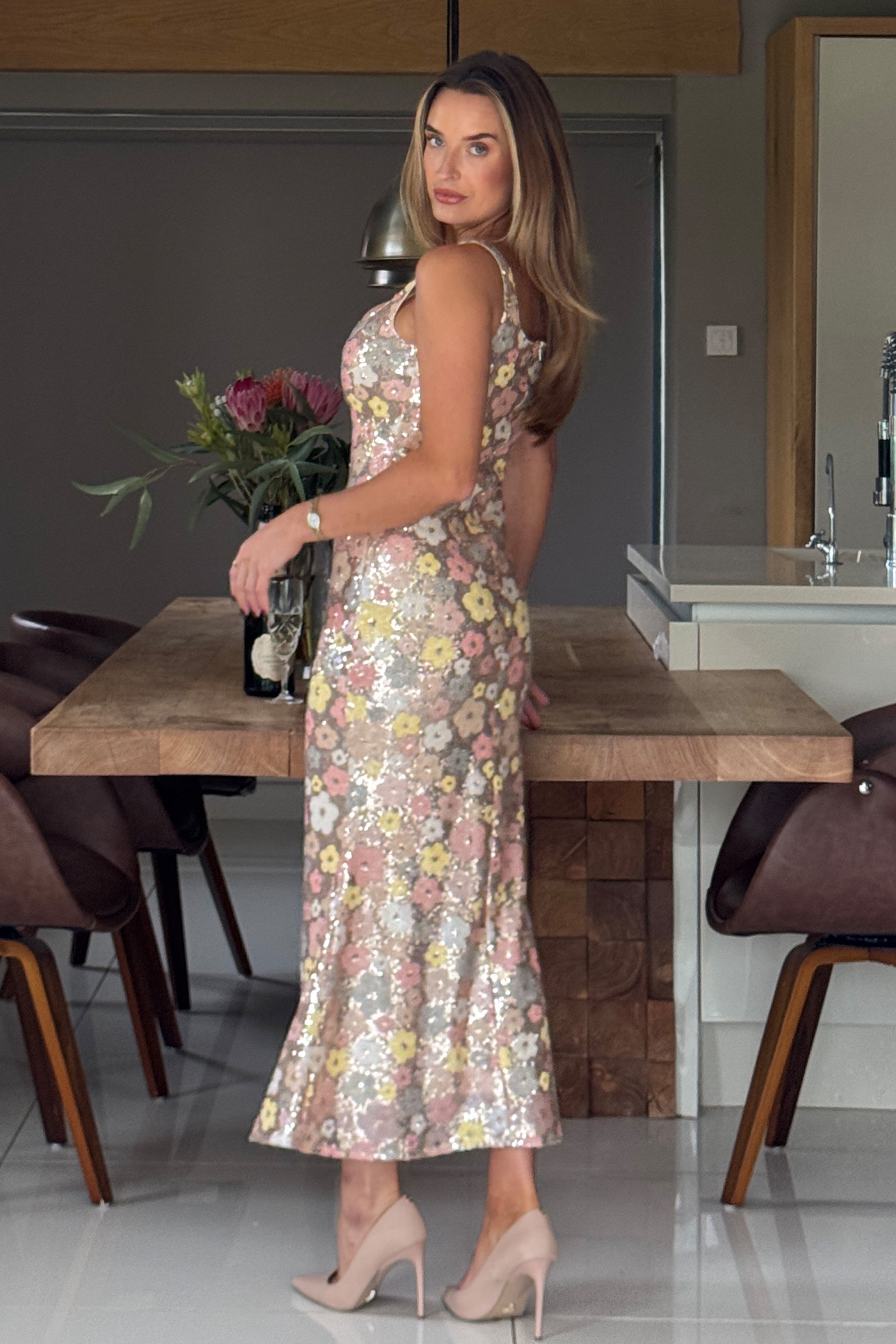 Lisbon Square Neck Pink & Gold Sequin Midi Dress
