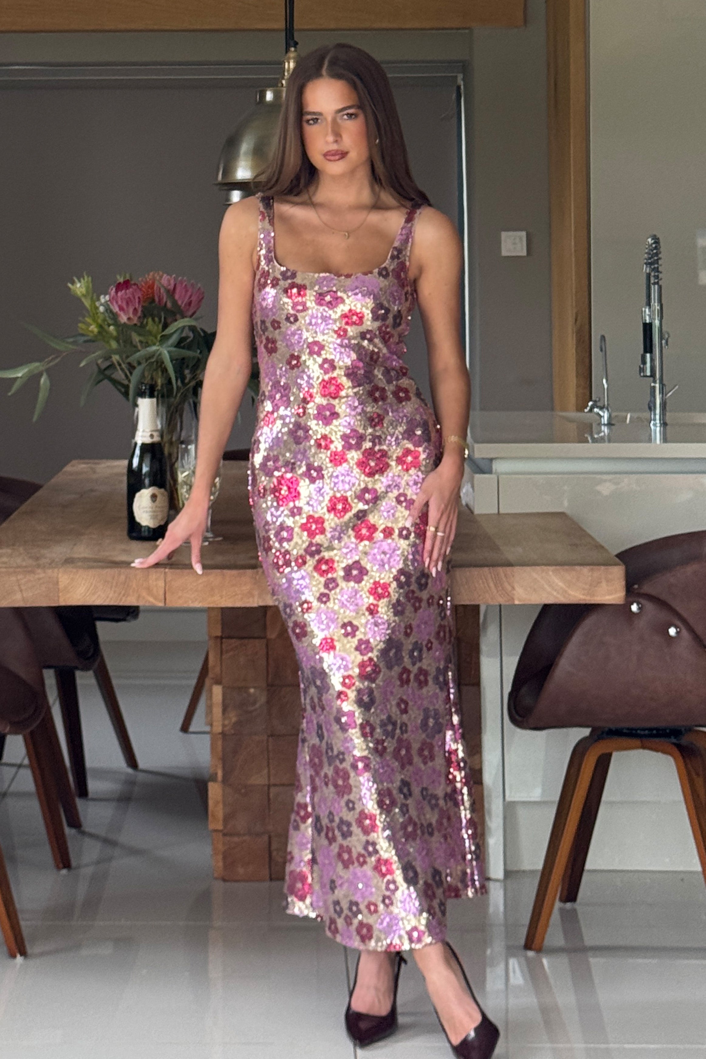 Lisbon Square Neck Pink & Gold Sequin Midi Dress