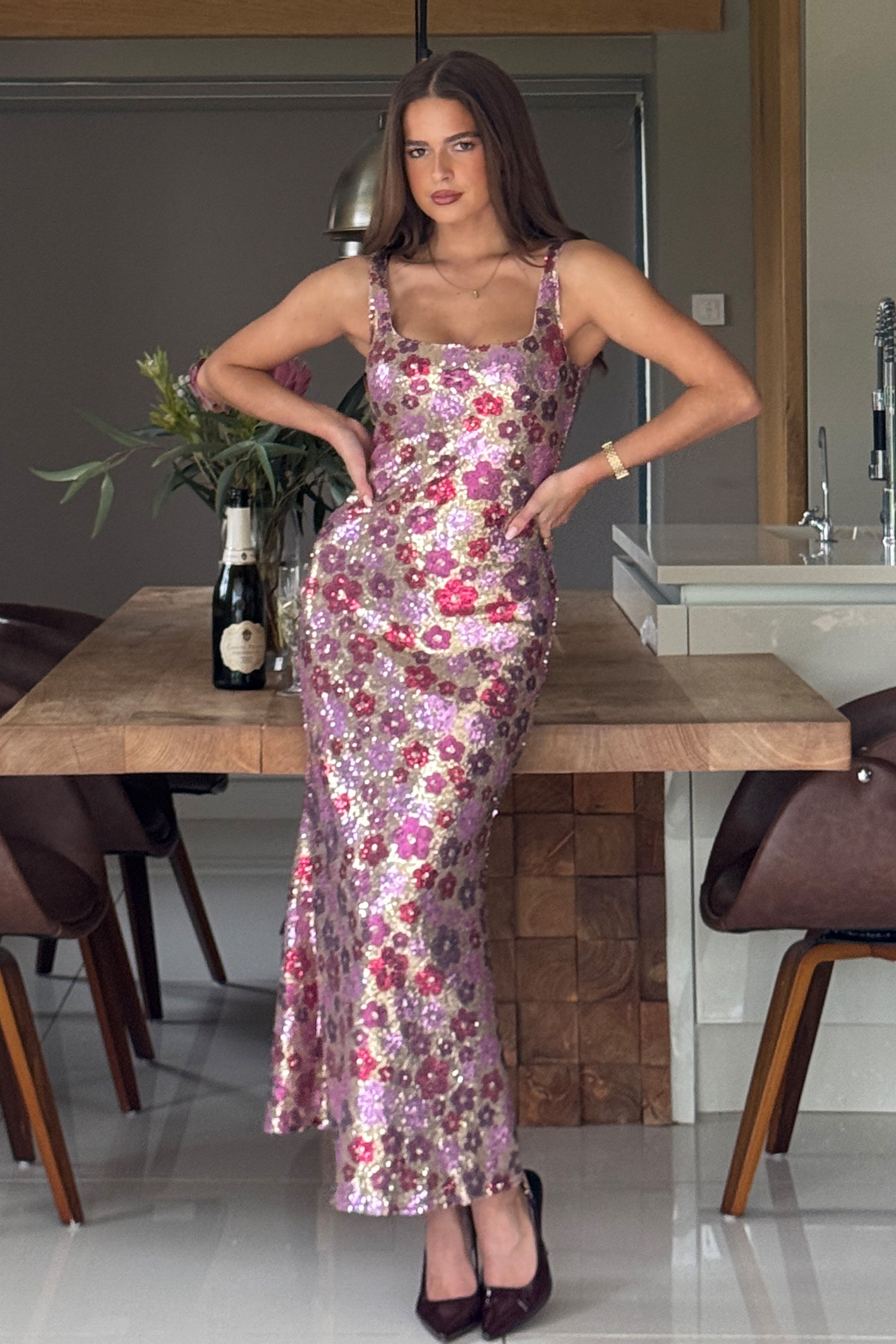 Lisbon Square Neck Pink & Gold Sequin Midi Dress
