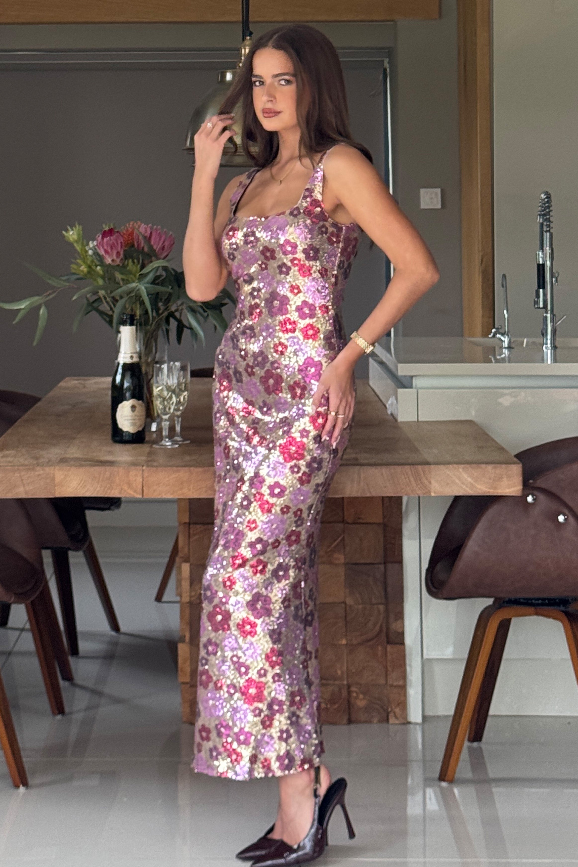 Lisbon Square Neck Pink & Gold Sequin Midi Dress