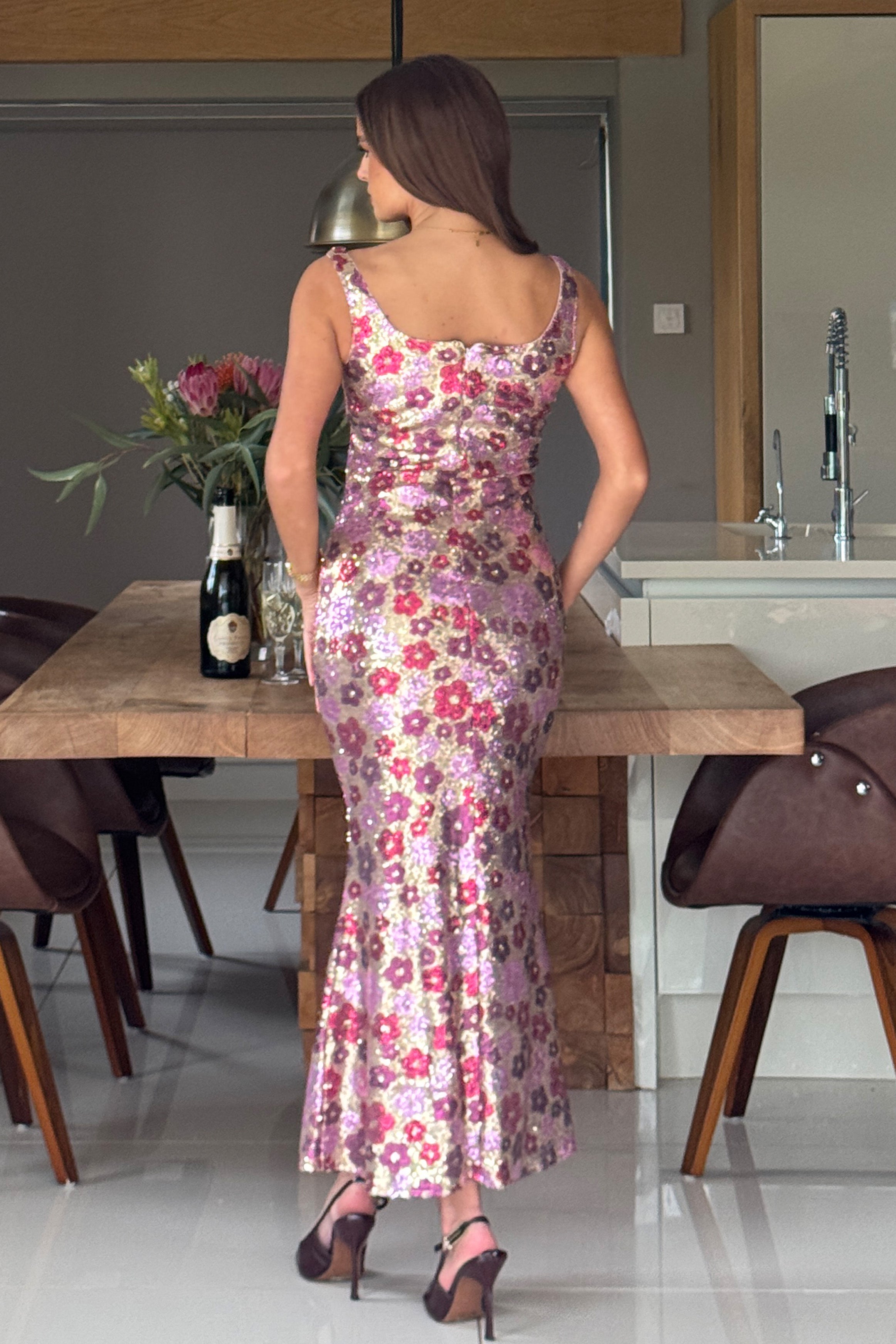 Lisbon Square Neck Pink & Gold Sequin Midi Dress