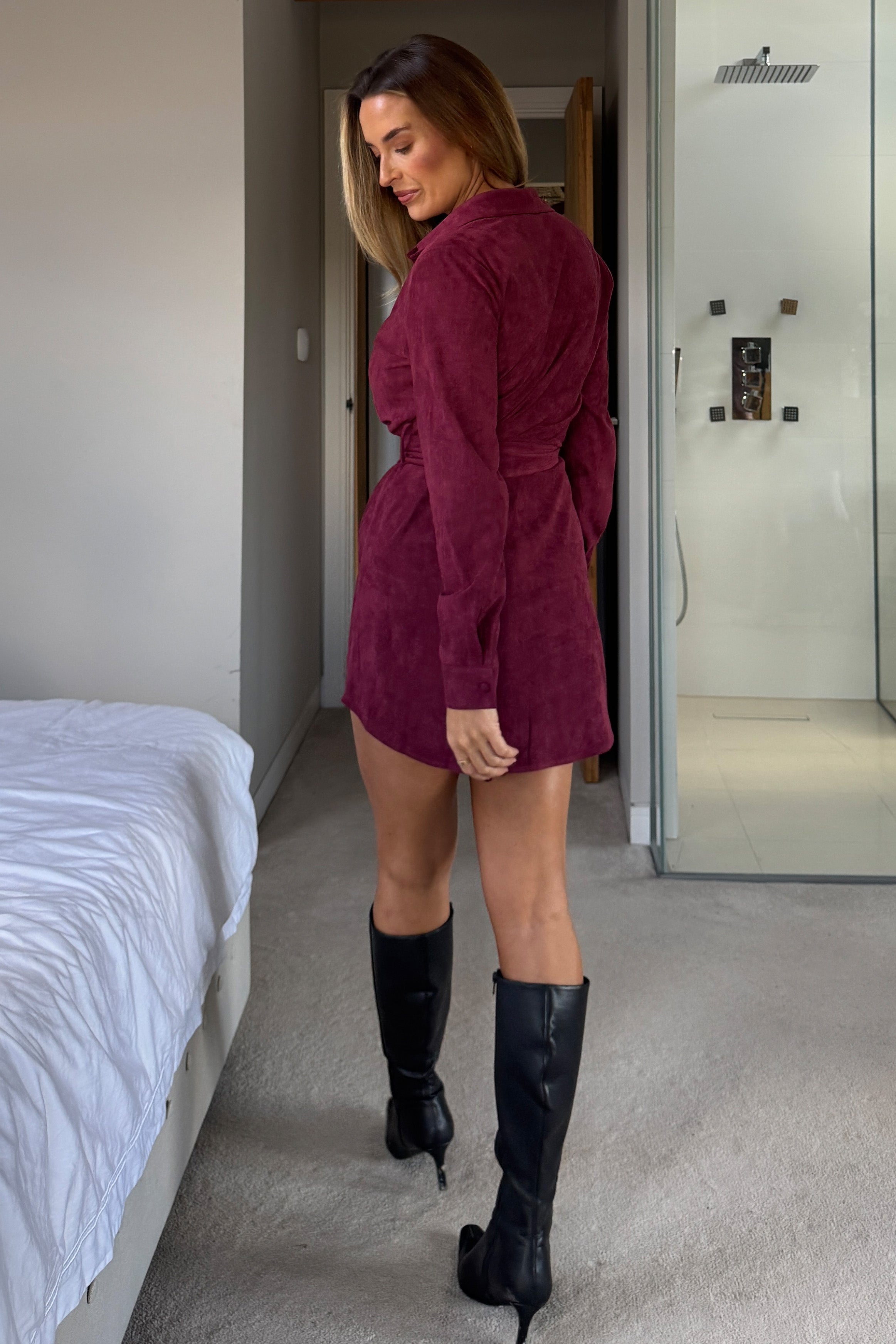 Savora Suede Mini Shirt Dress Berry