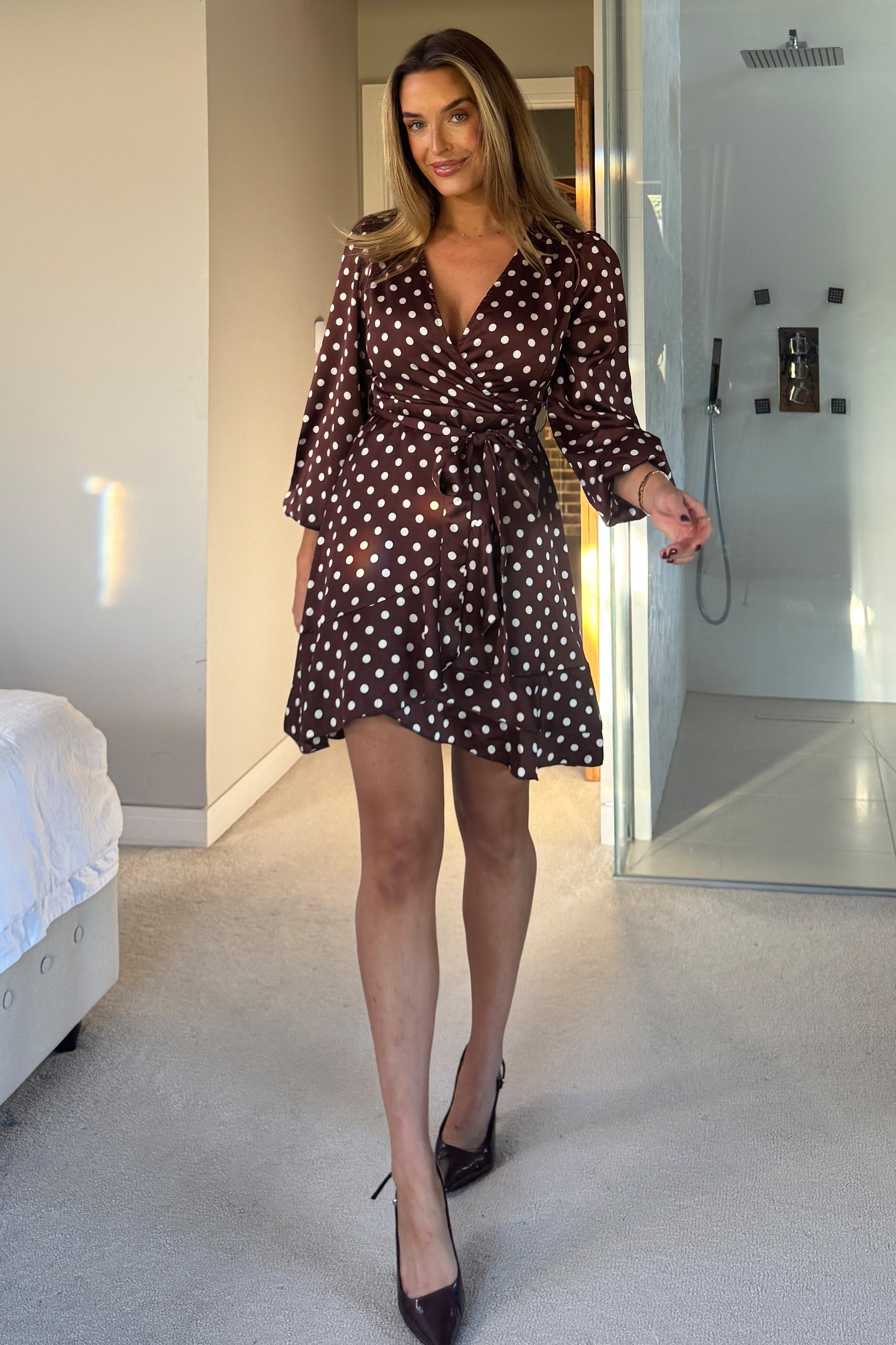 Bryce Wrap Front Long Sleeve Mini Dress Brown Spot