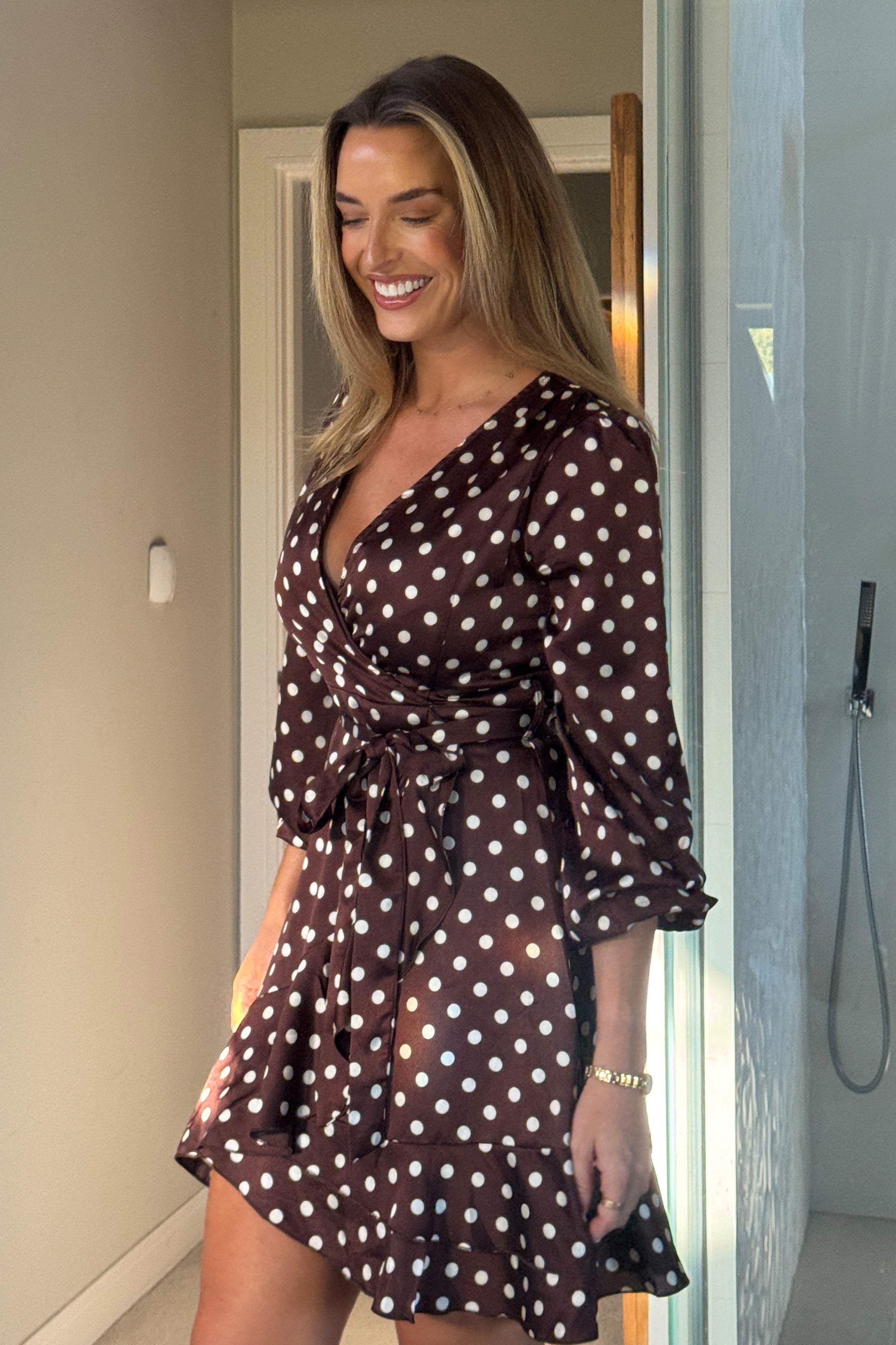 Bryce Wrap Front Long Sleeve Mini Dress Brown Spot