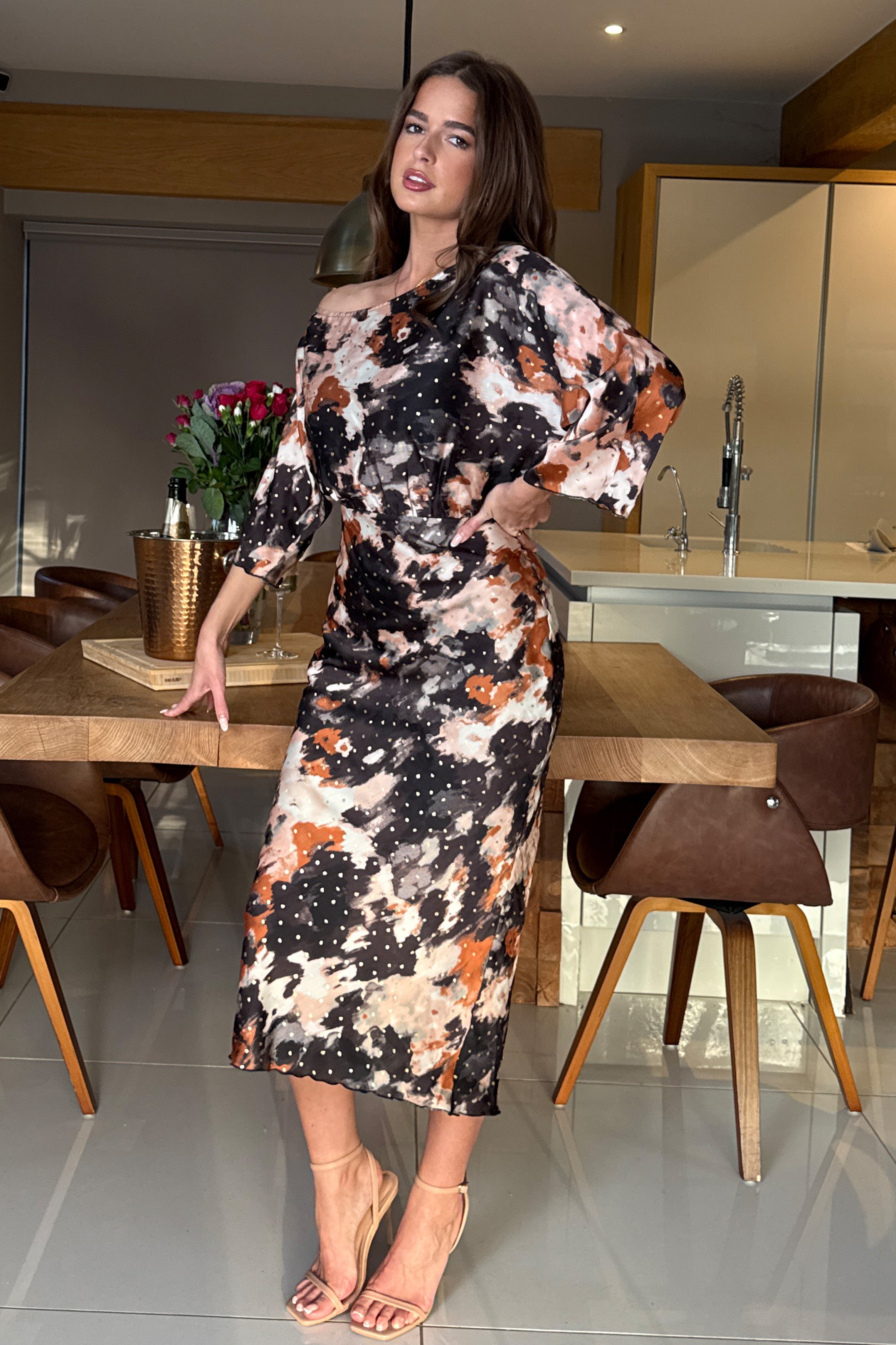 Leila Off the Shoulder Foiled Print Maxi Brown