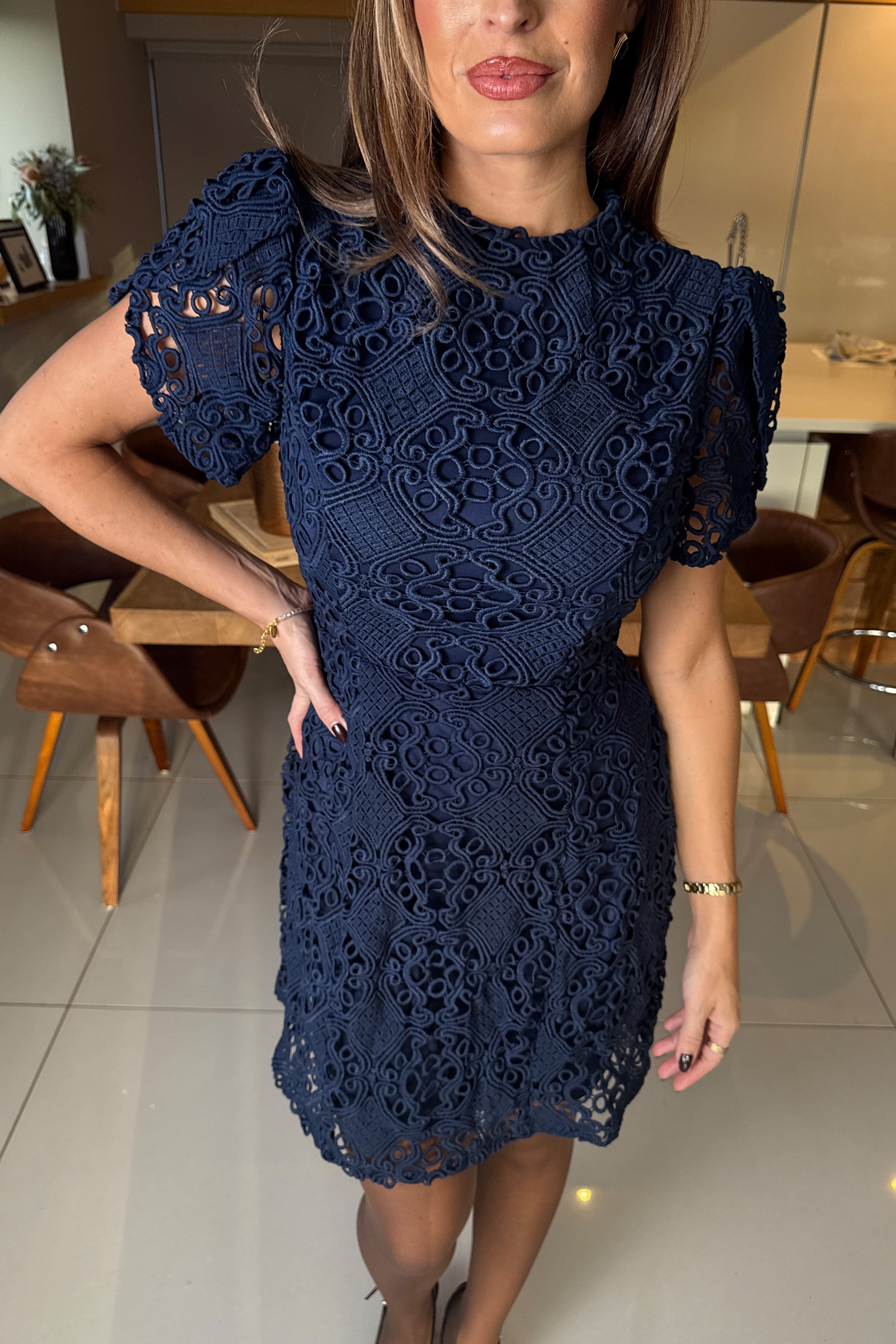 Ami Corded Lace Tulip Sleeve Mini Dress Navy