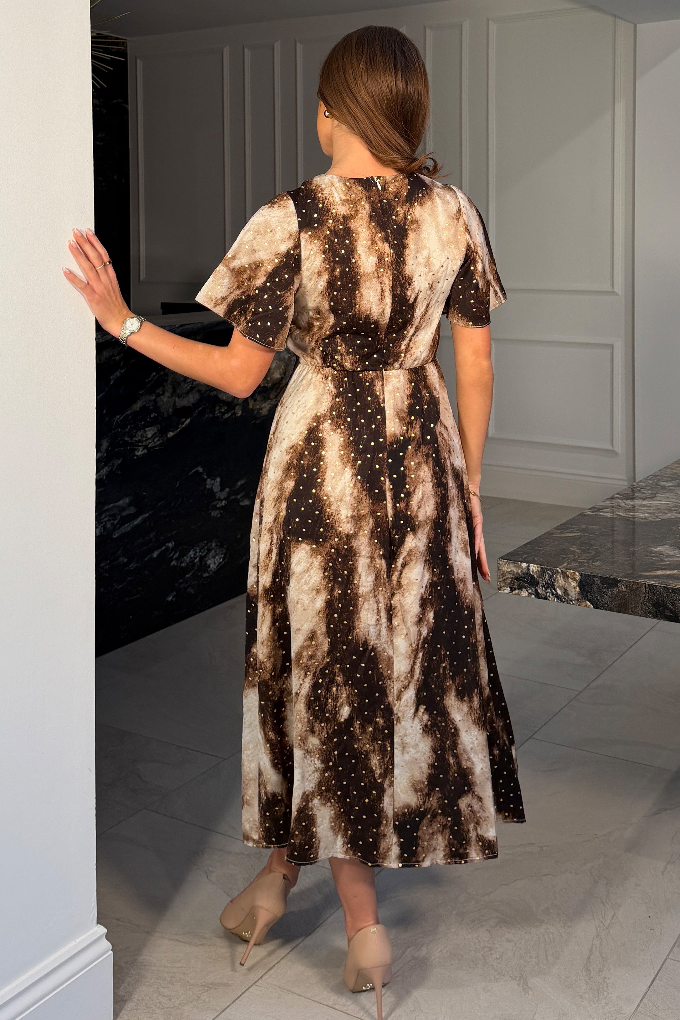 Britney Foiled Brown Angel Sleeve Midi Dress