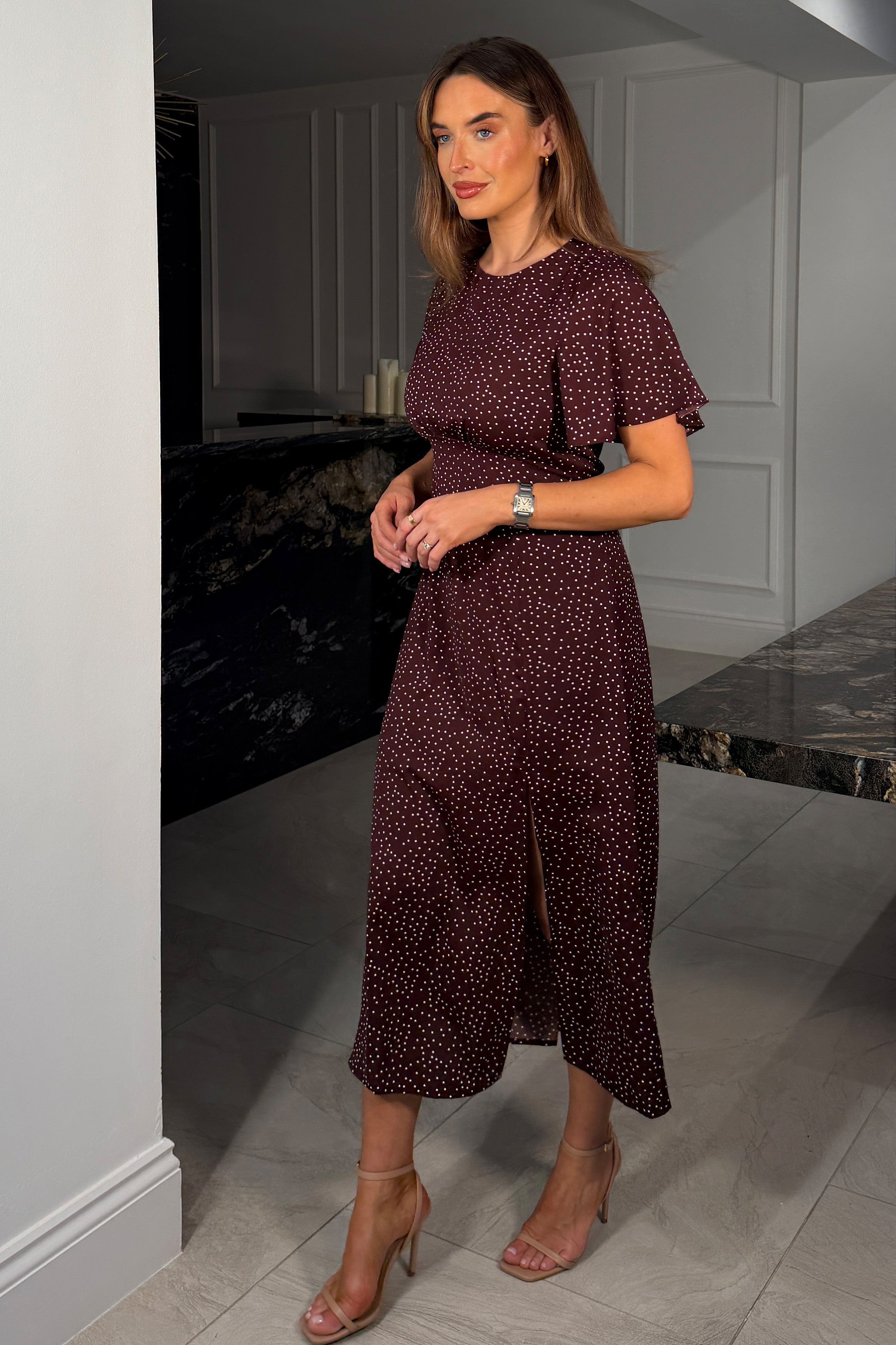 Britney Brown Spot Angel Sleeve Midi Dress