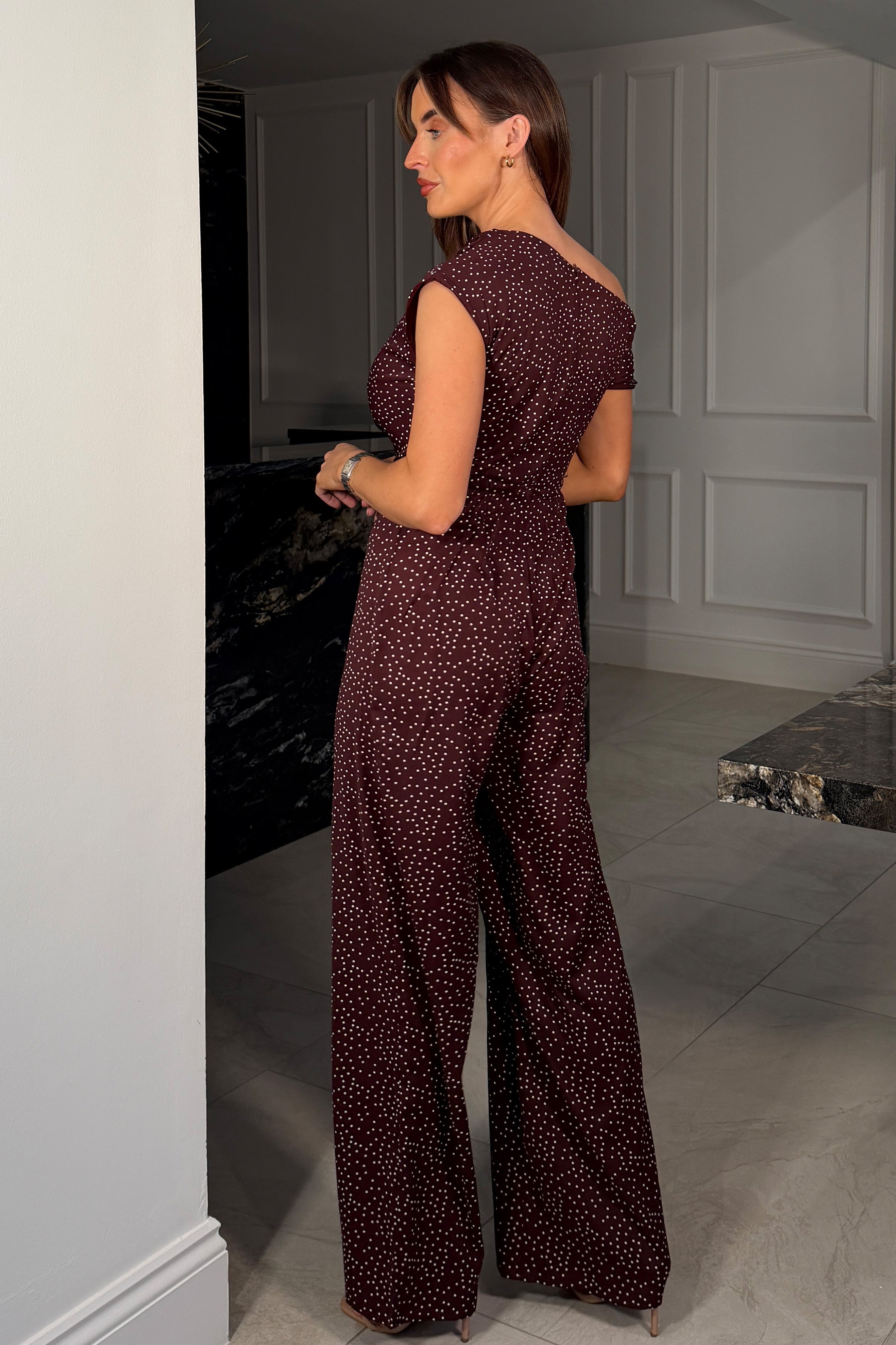 Donna Asymmetric Neckline Jumpsuit Brown Spot