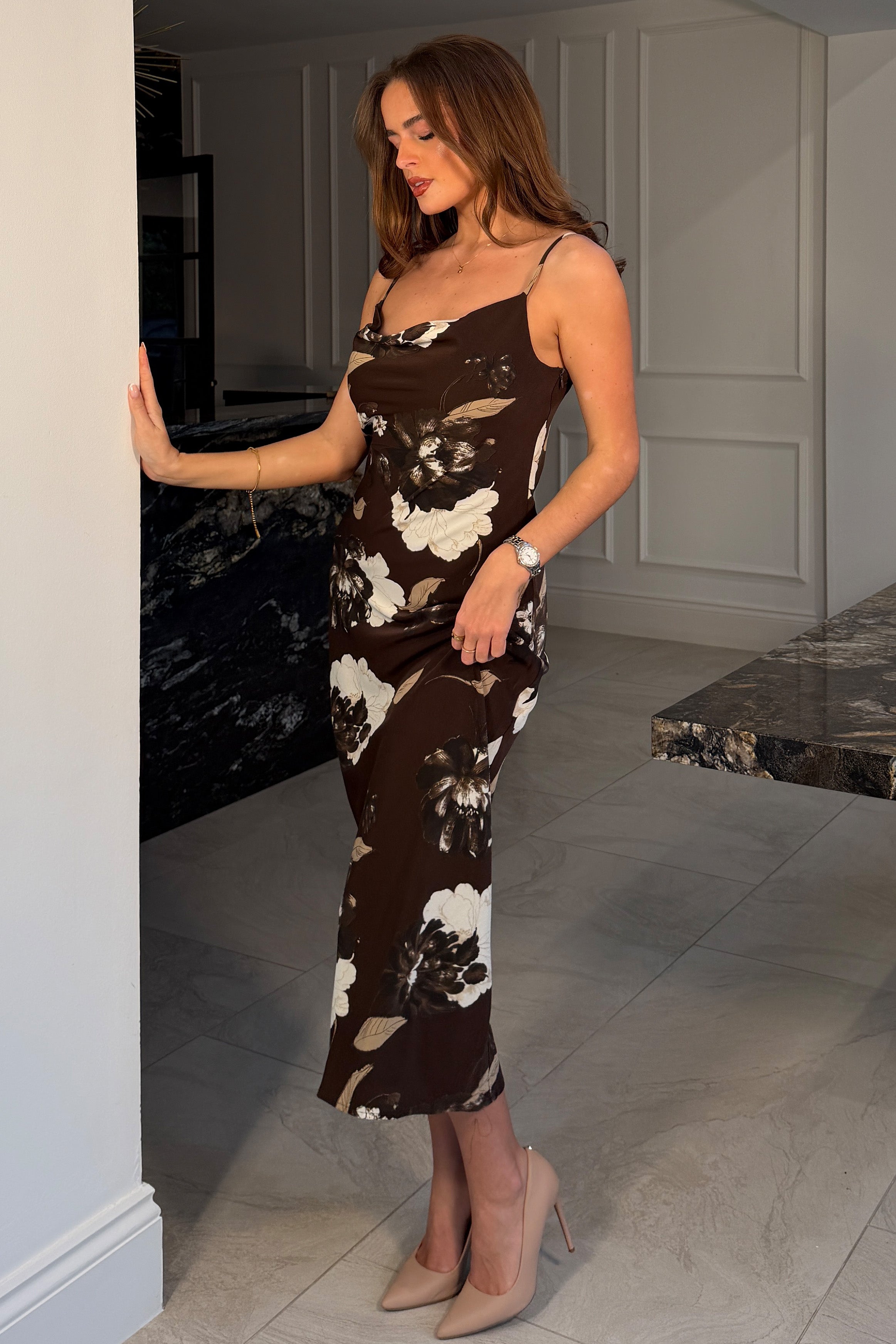 Naomi Brown Floral Slip Midi Dress