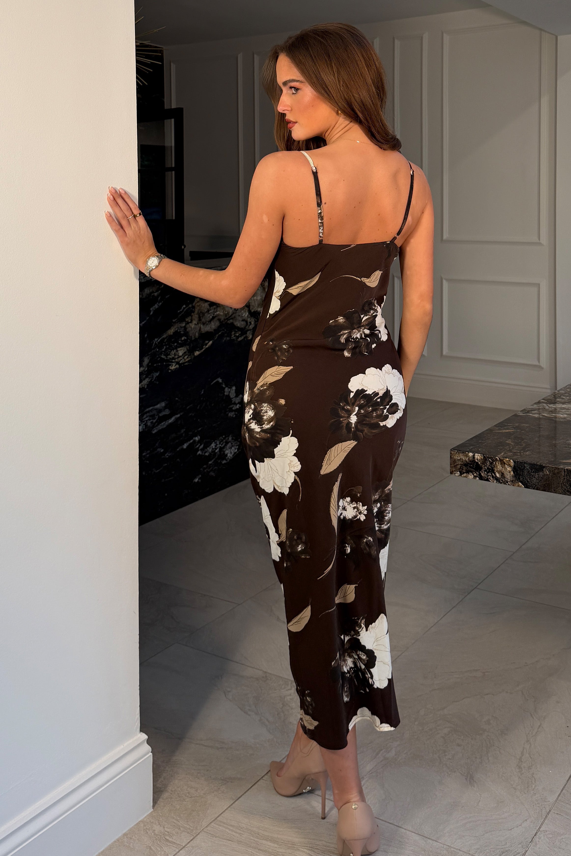 Naomi Brown Floral Slip Midi Dress